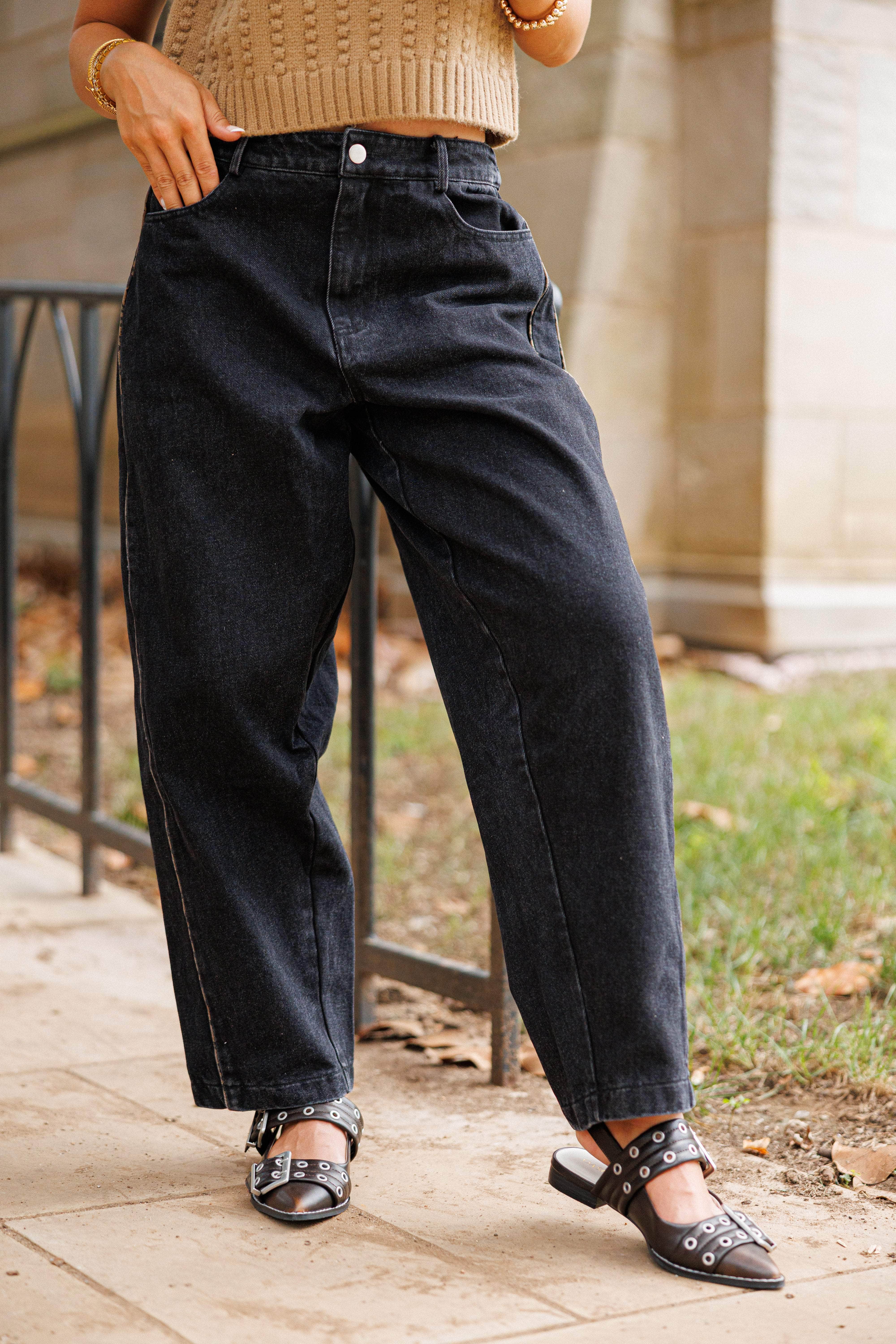 Black Leopard Piping Detail Barrel Jean - Image 6