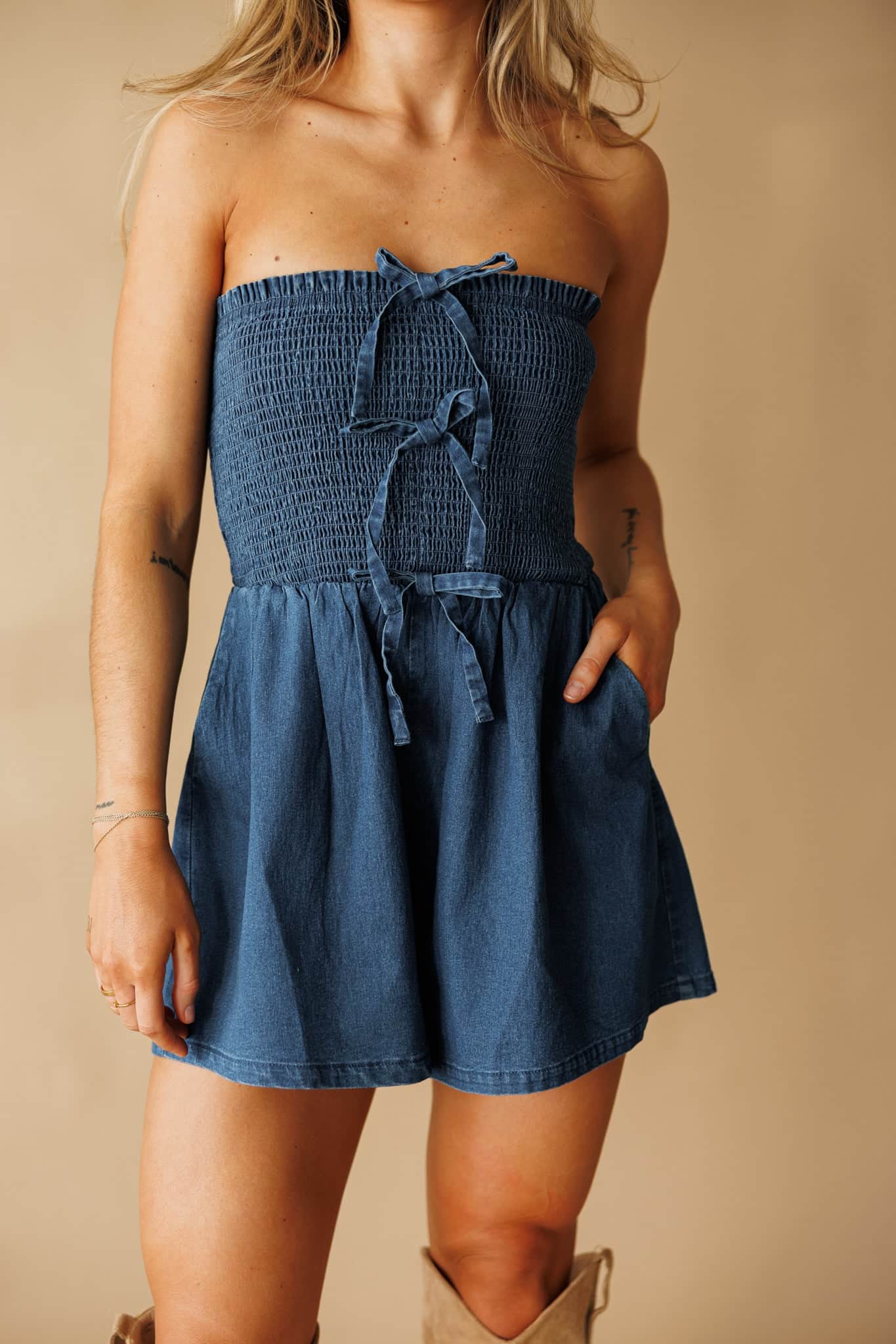 Bow Moment Denim Romper - Image 2