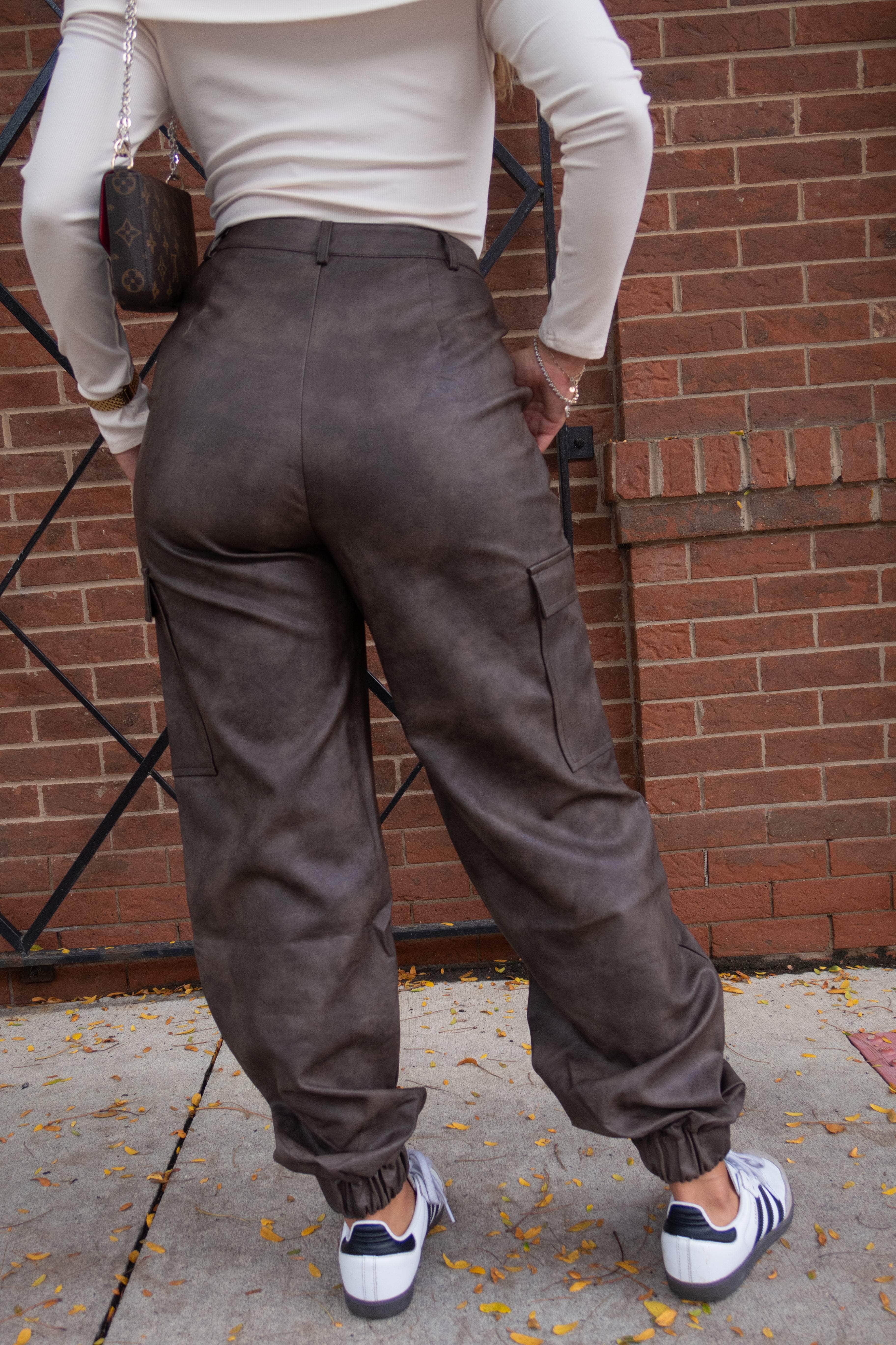 Brown Pleather Cargo Joggers - Image 2