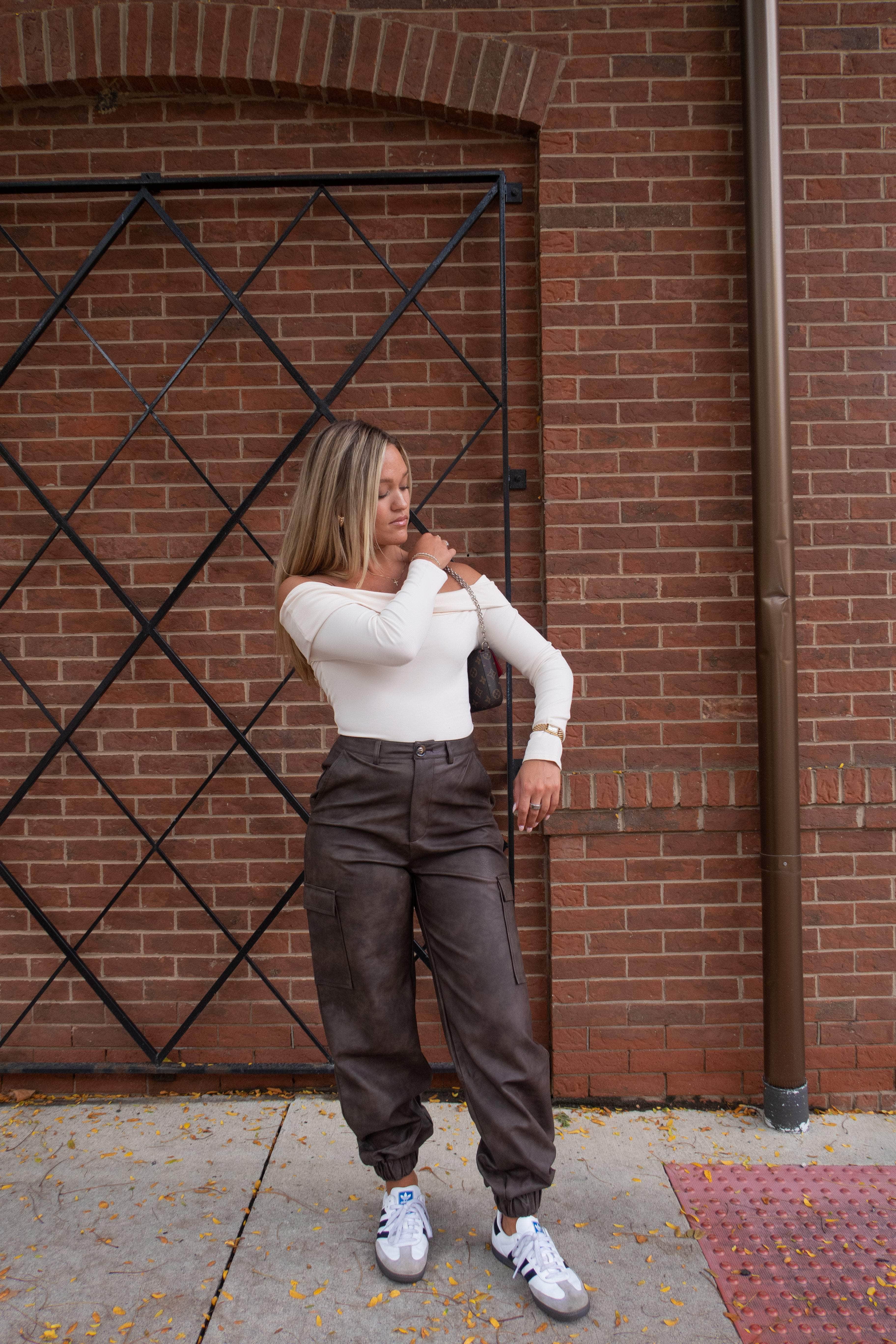 Brown Pleather Cargo Joggers - Image 3
