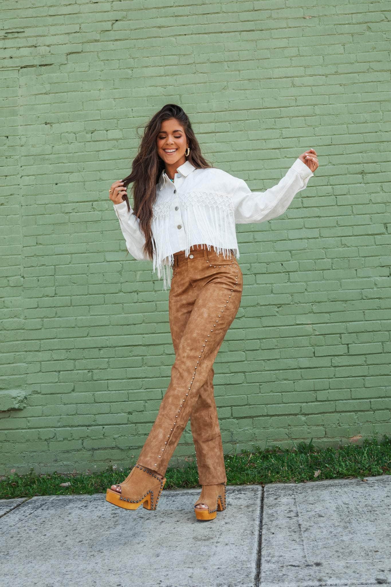 Camel Studded Leather Pants - Image 4