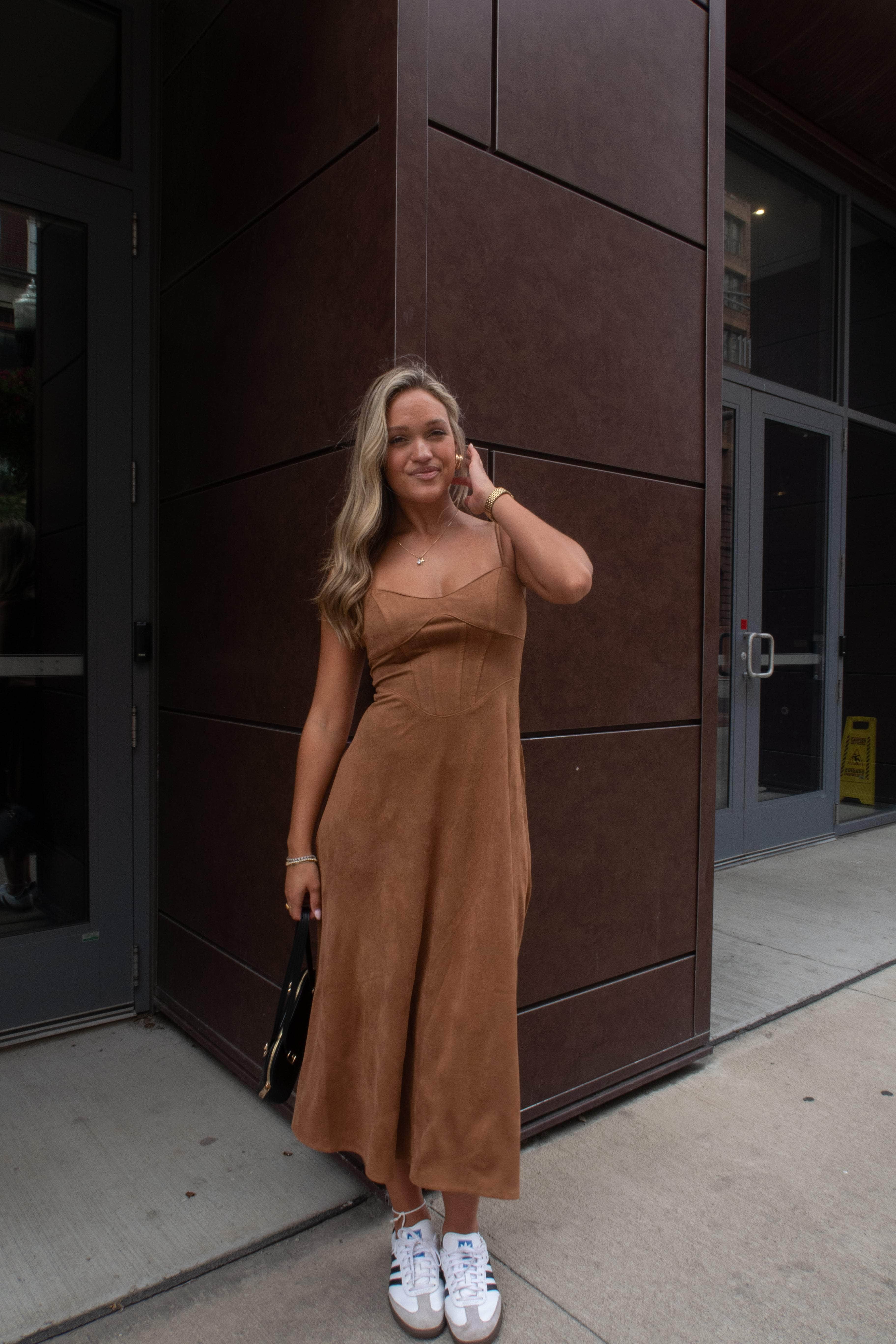 Camel Suede Bustier Midi Dress - Image 5