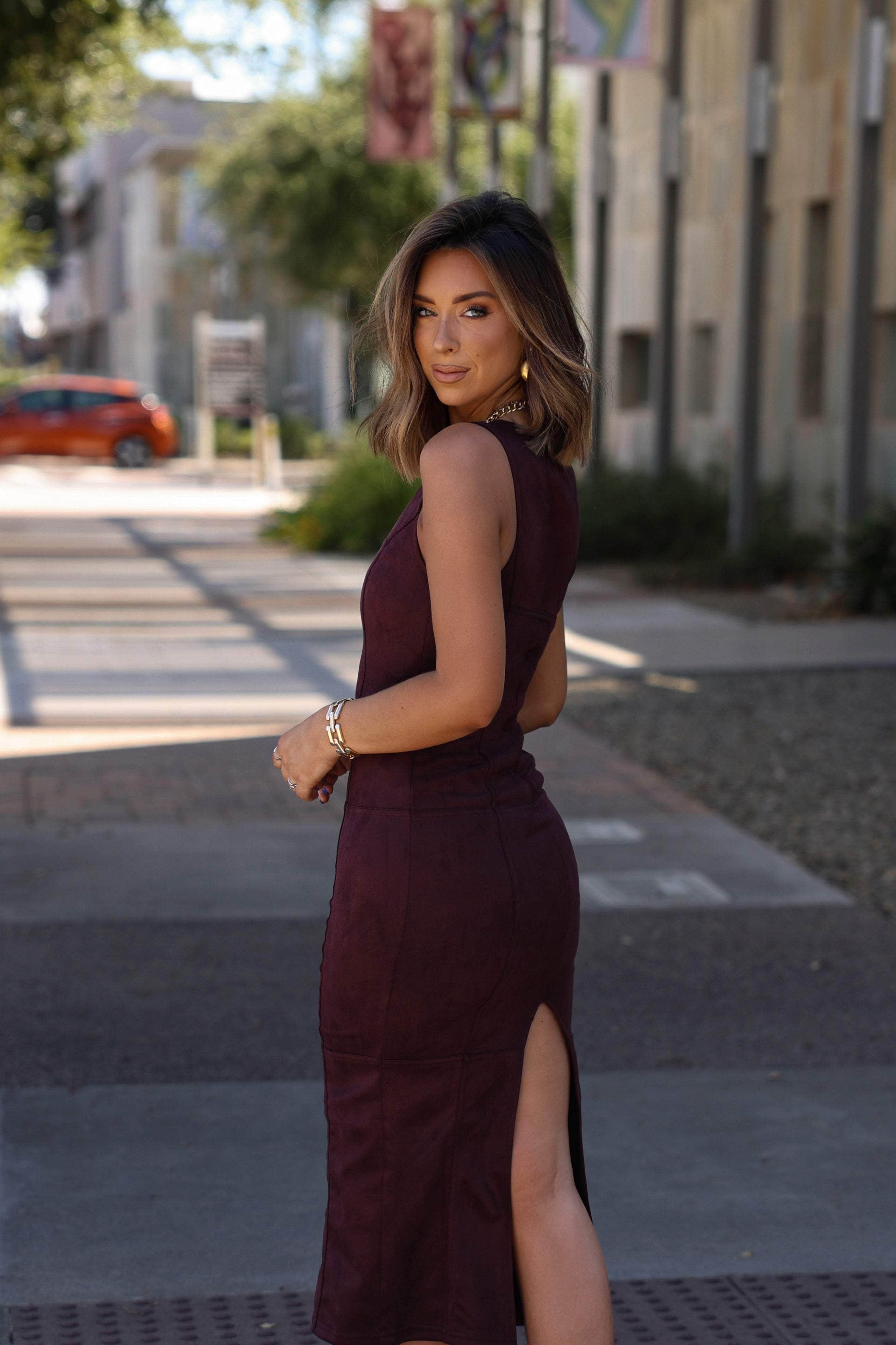 Candlelit Cabernet Suede Dress - Image 2