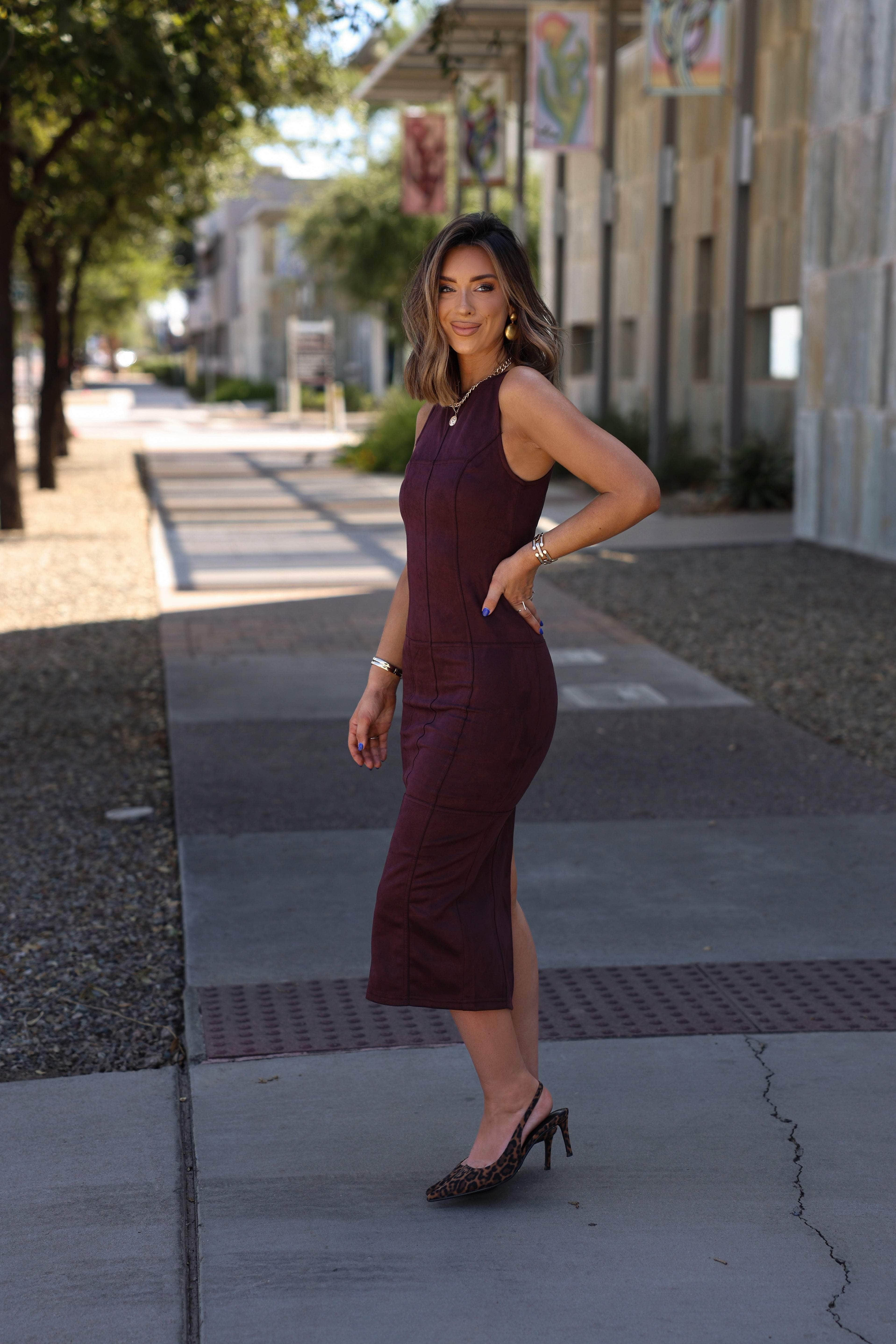 Candlelit Cabernet Suede Dress - Image 4