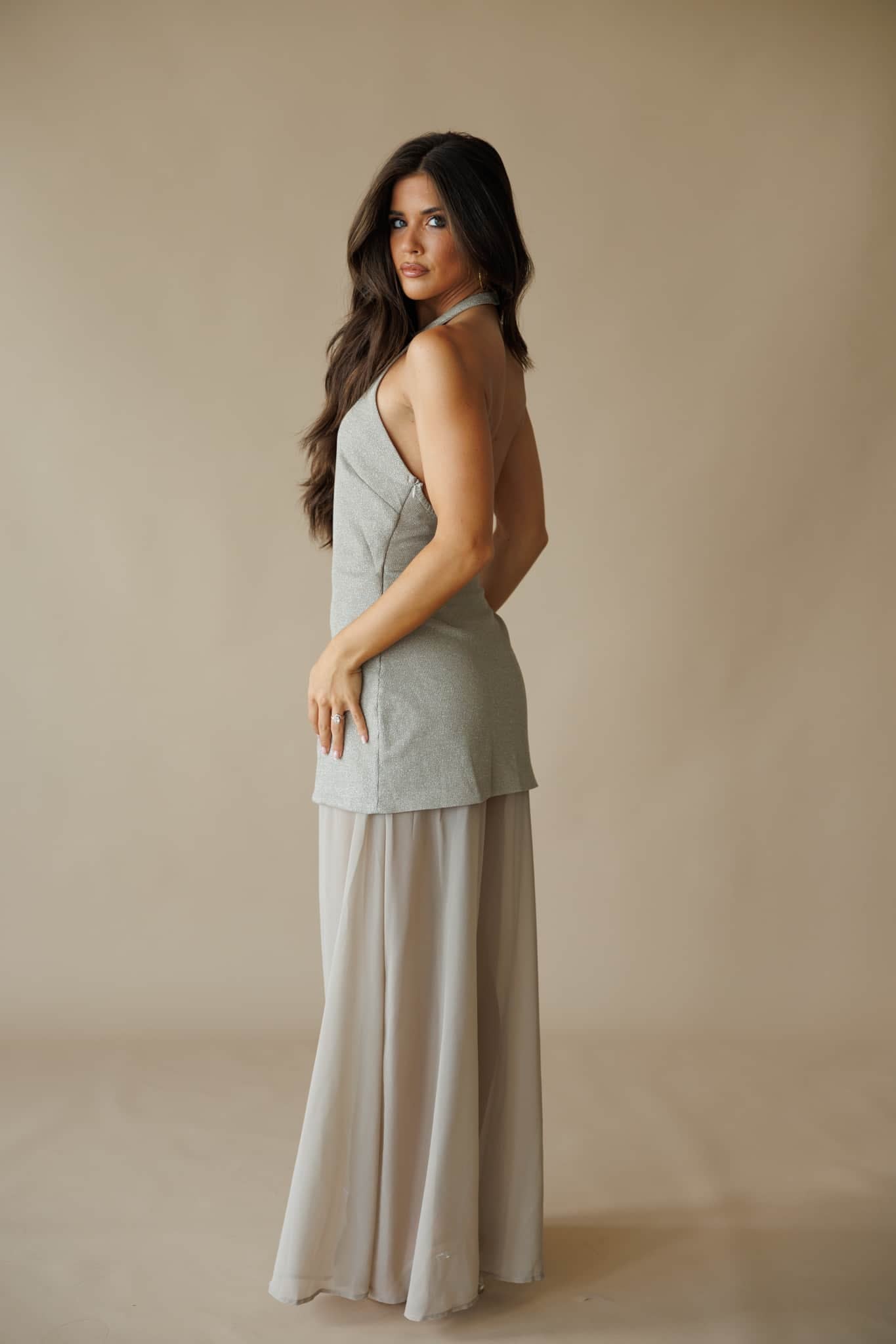 Champagne Gold Metallic Halter Maxi Dress - Image 2