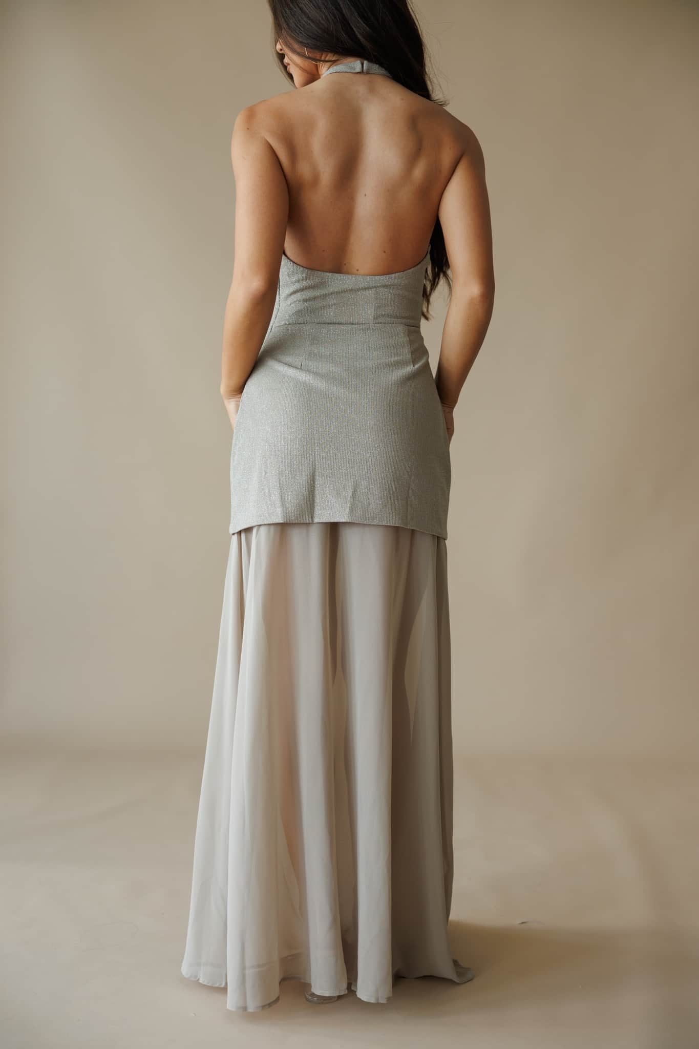 Champagne Gold Metallic Halter Maxi Dress - Image 4