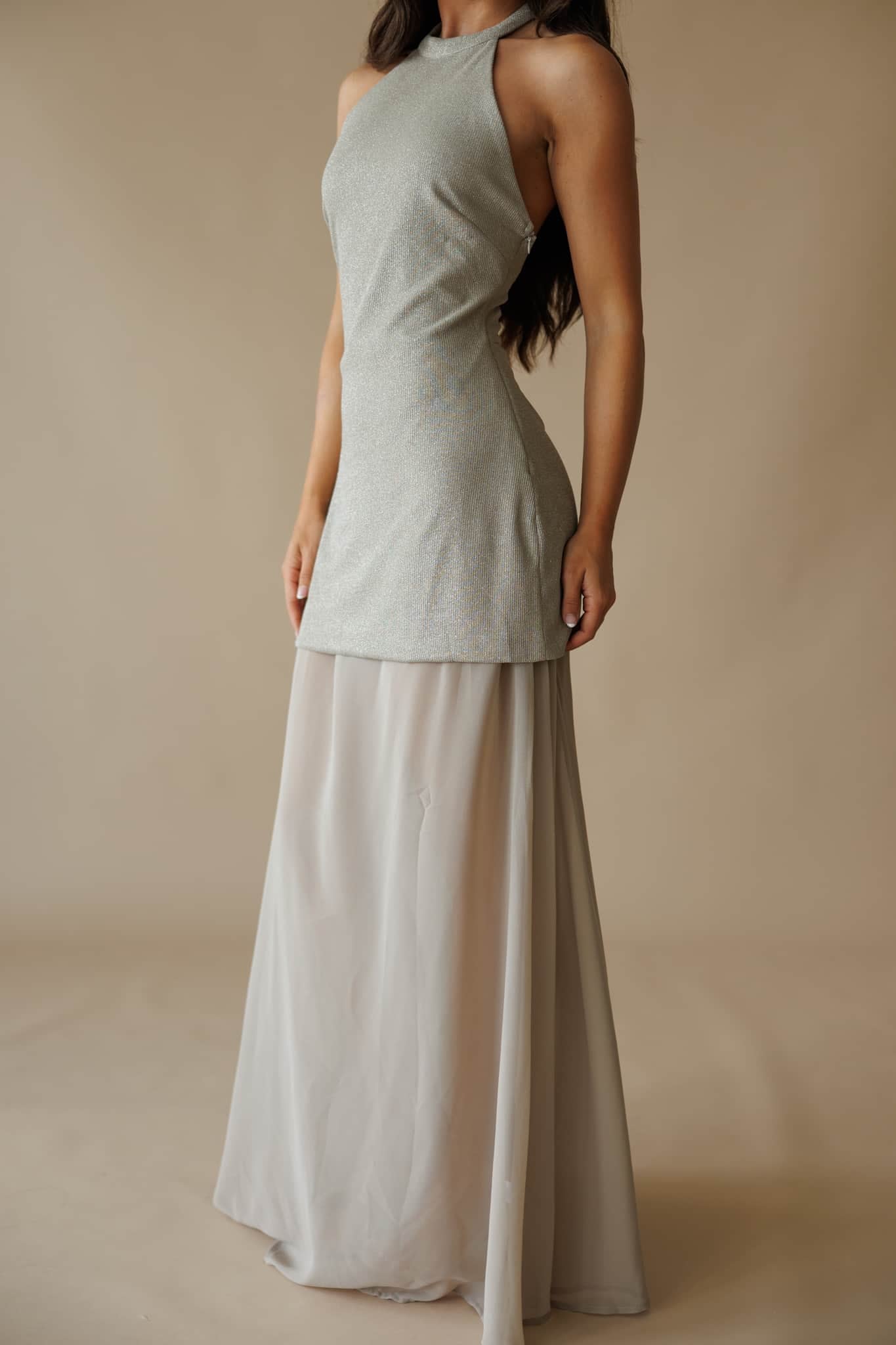 Champagne Gold Metallic Halter Maxi Dress - Image 5