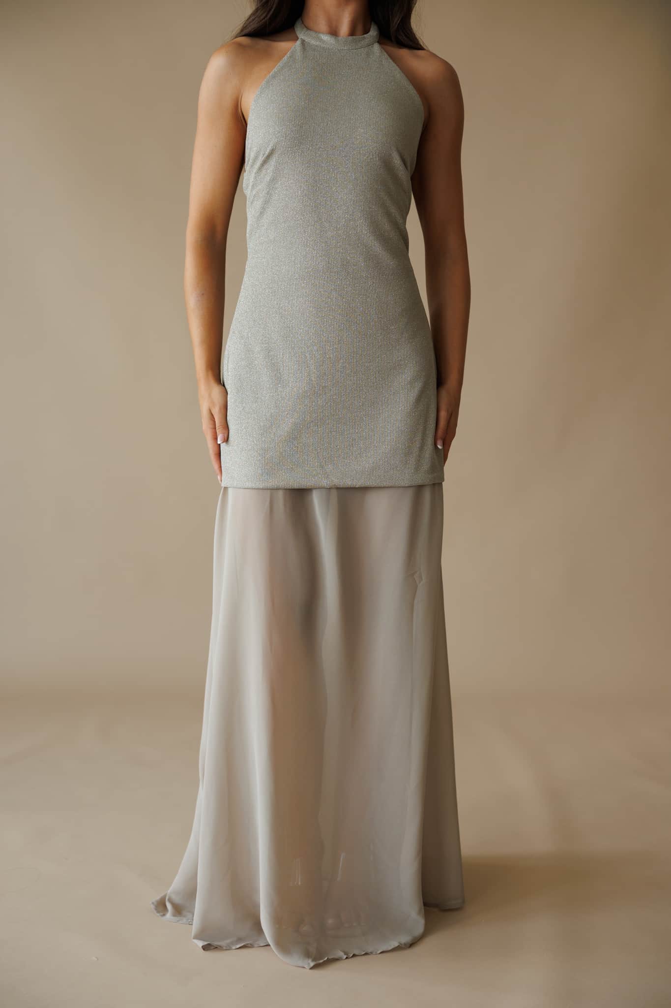 Champagne Gold Metallic Halter Maxi Dress - Image 6