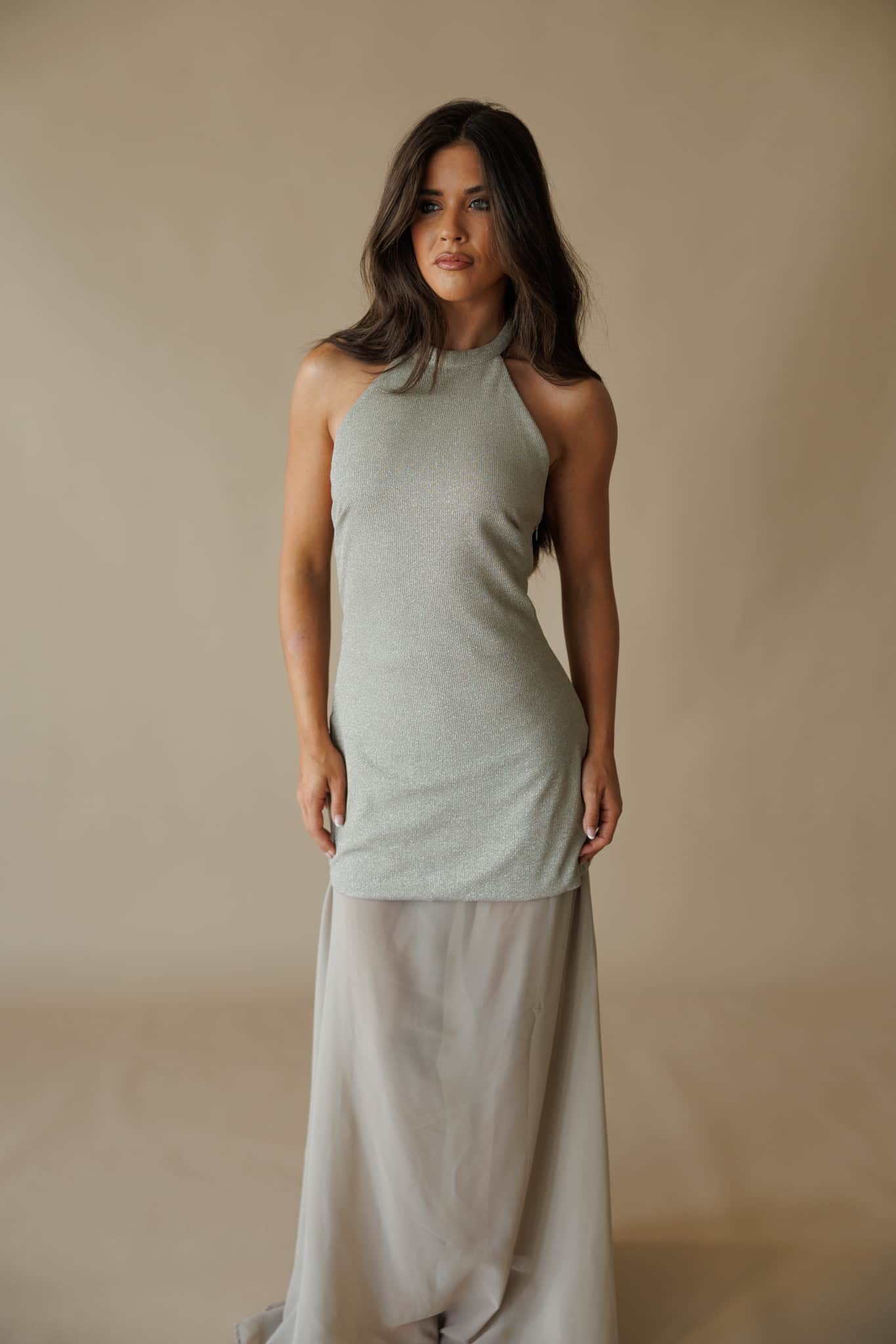 Champagne Gold Metallic Halter Maxi Dress - Image 8
