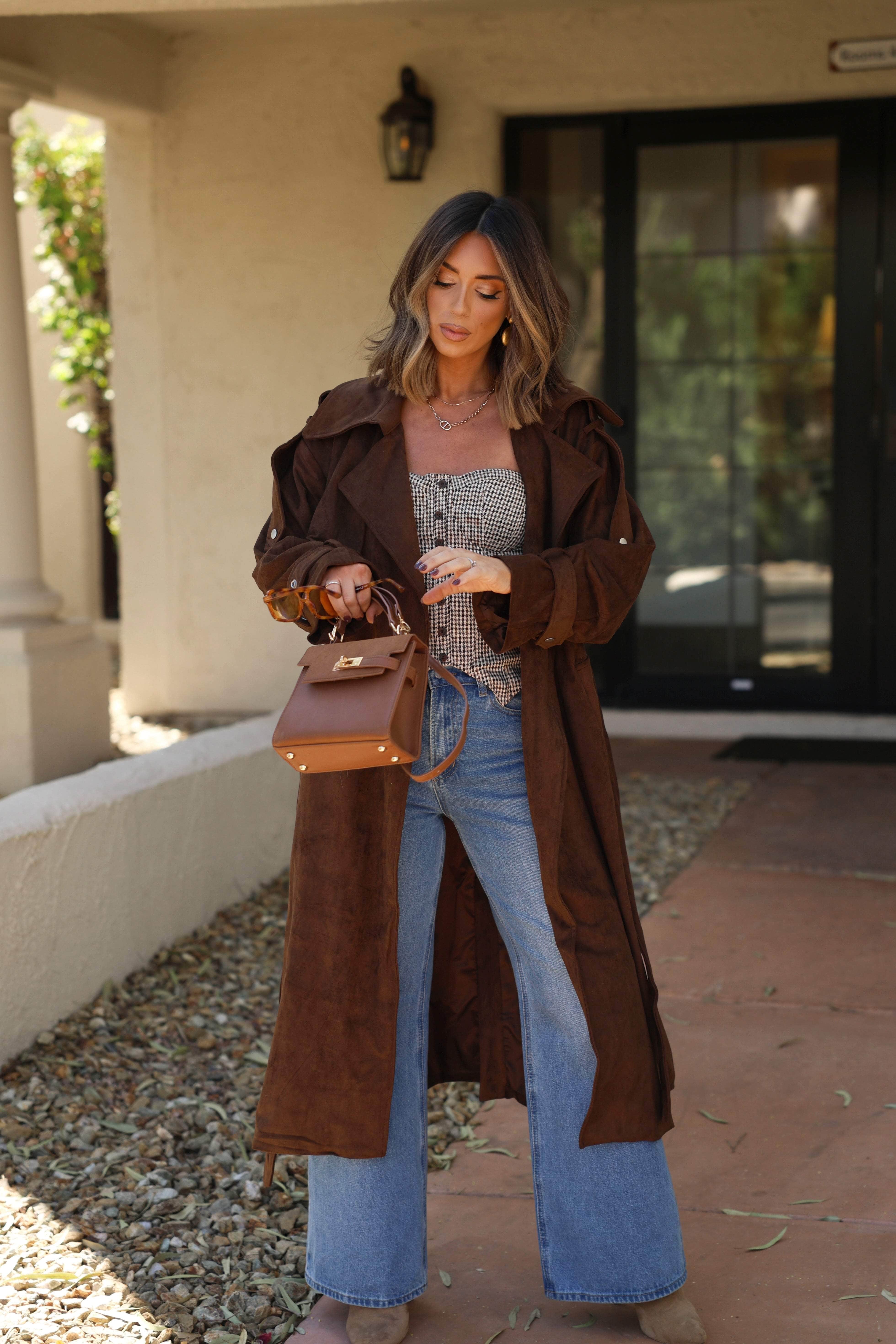 Chocolate Suede Trench Coat - Image 11