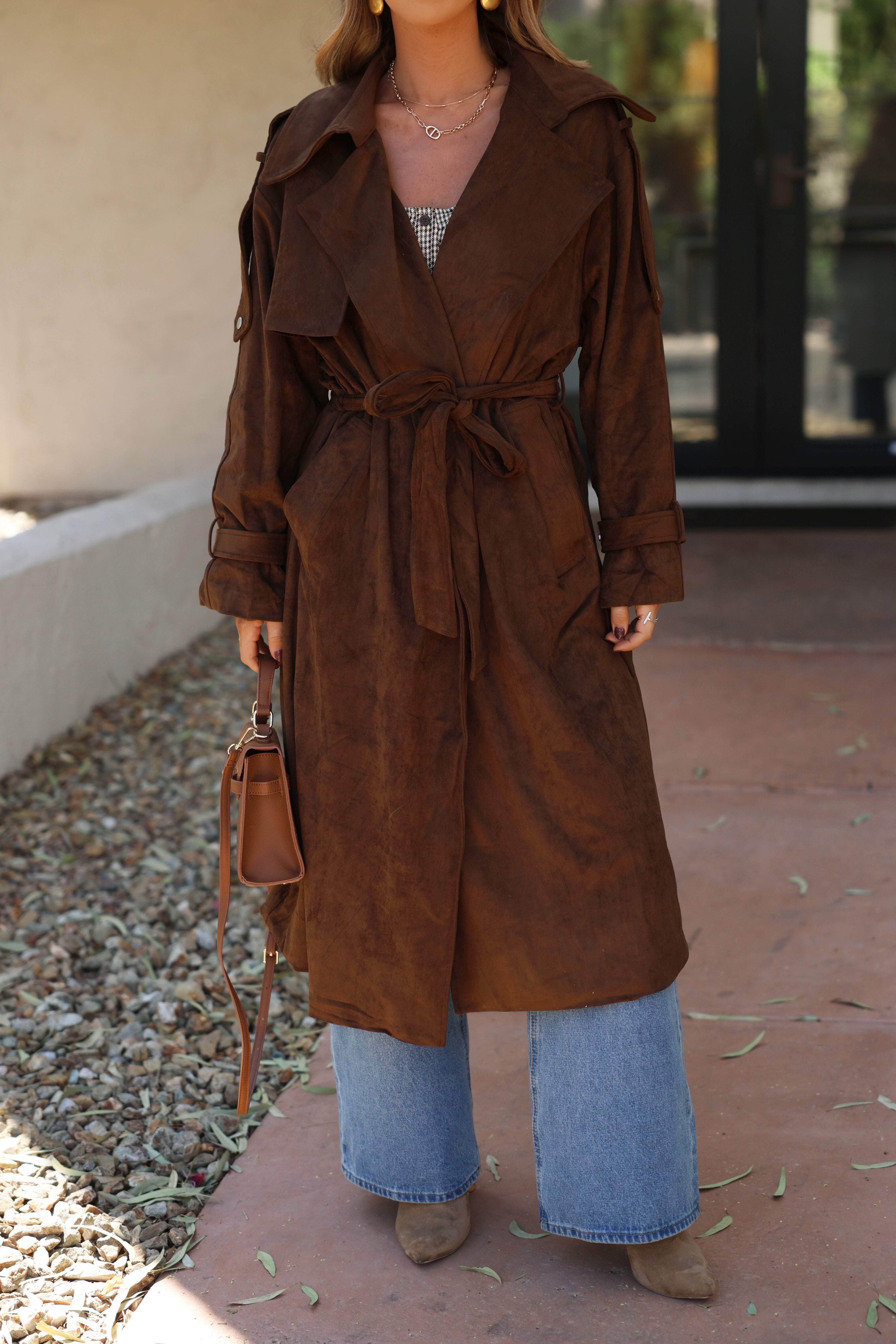 Chocolate Suede Trench Coat - Image 2