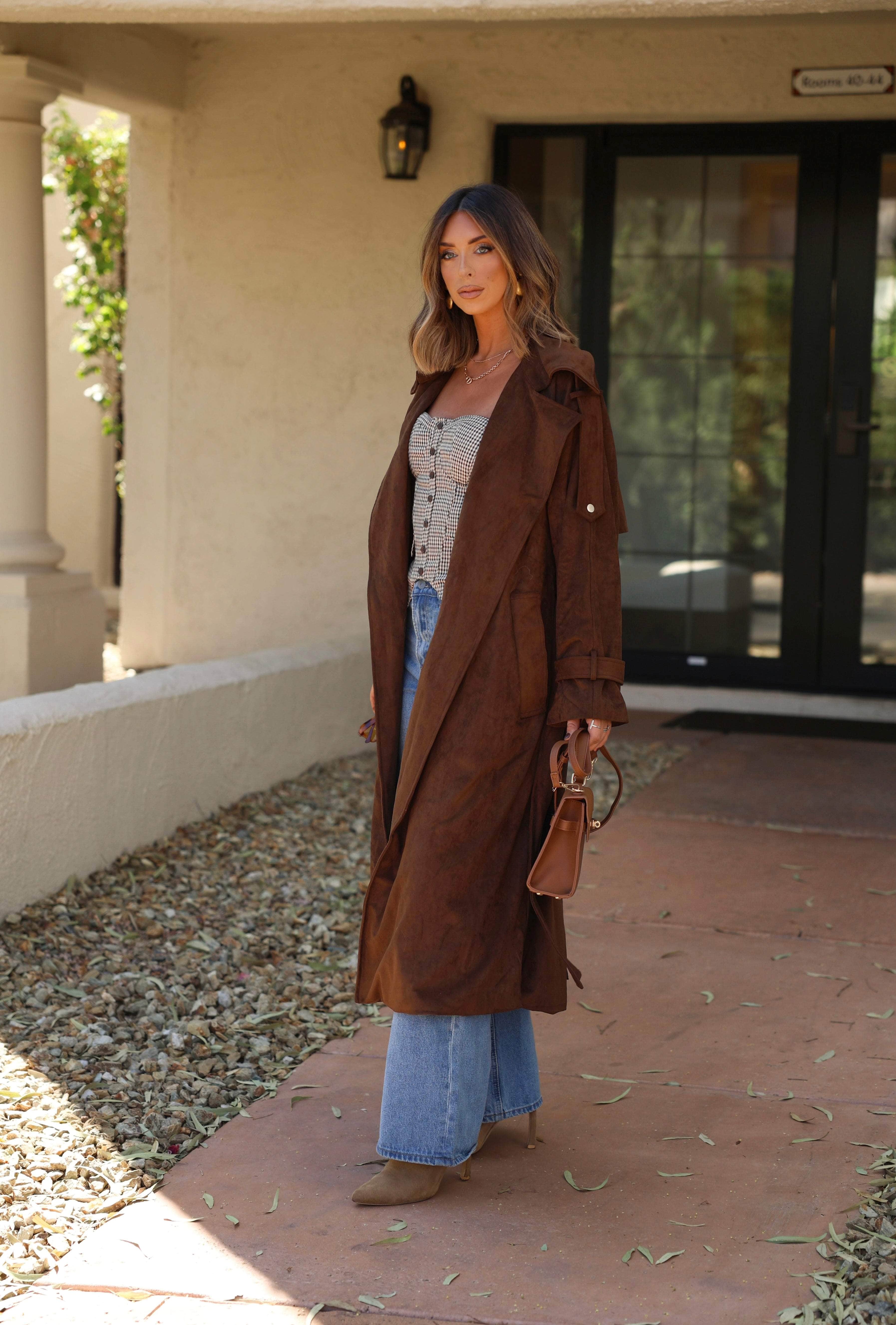 Chocolate Suede Trench Coat - Image 9