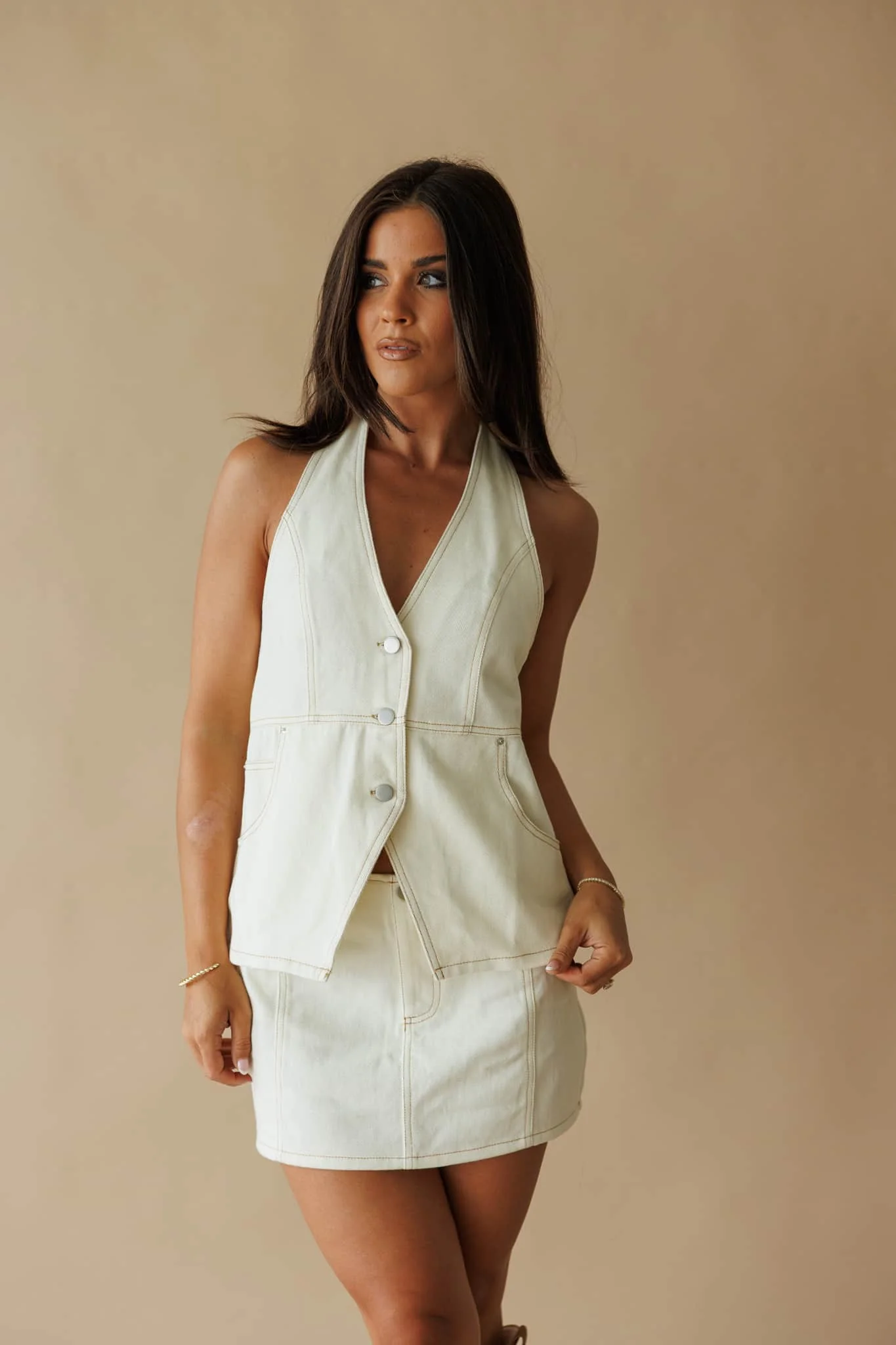 Cream Denim Detail Mini Skirt - Image 5