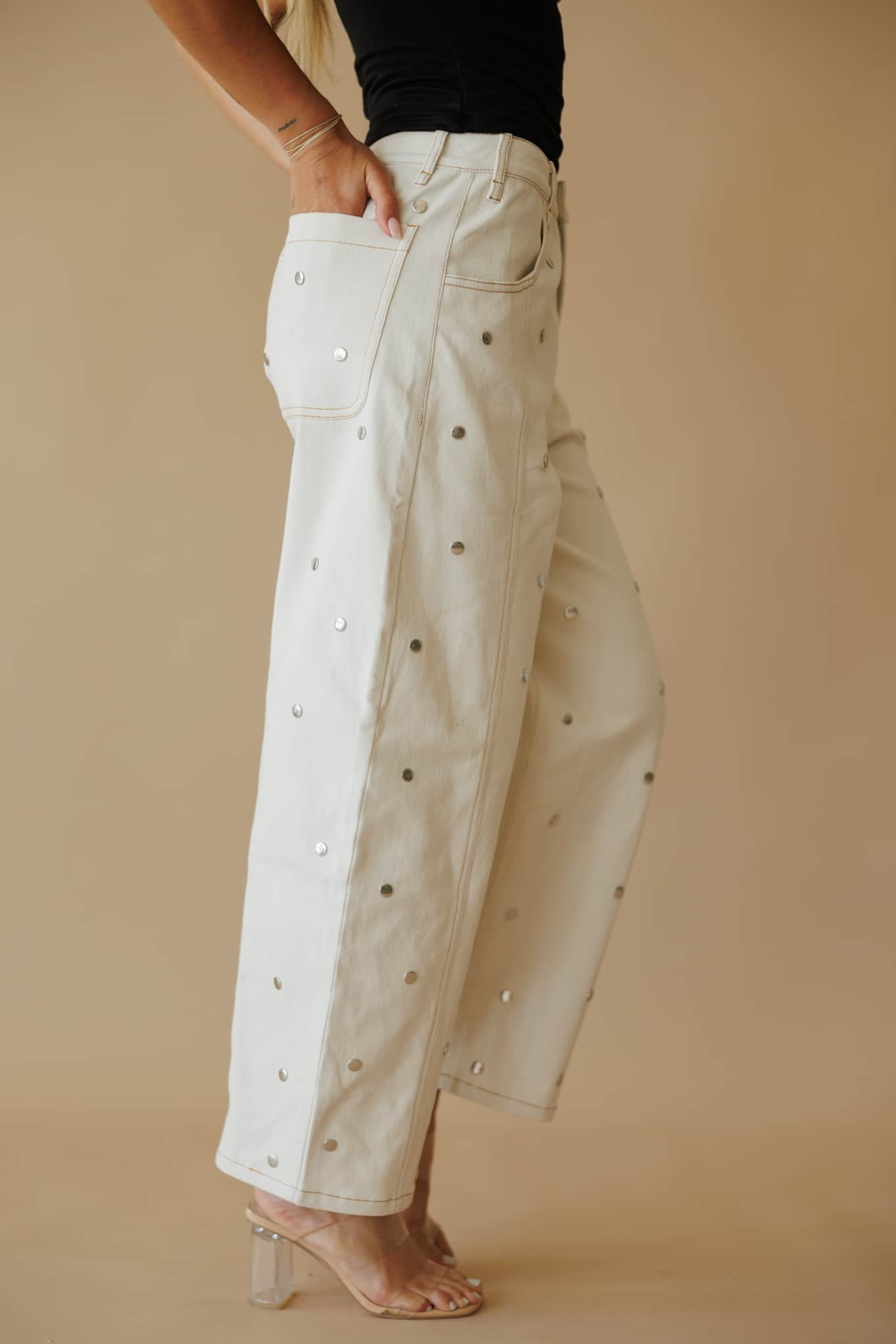 Cream Studded Barrel Jeans - Image 5