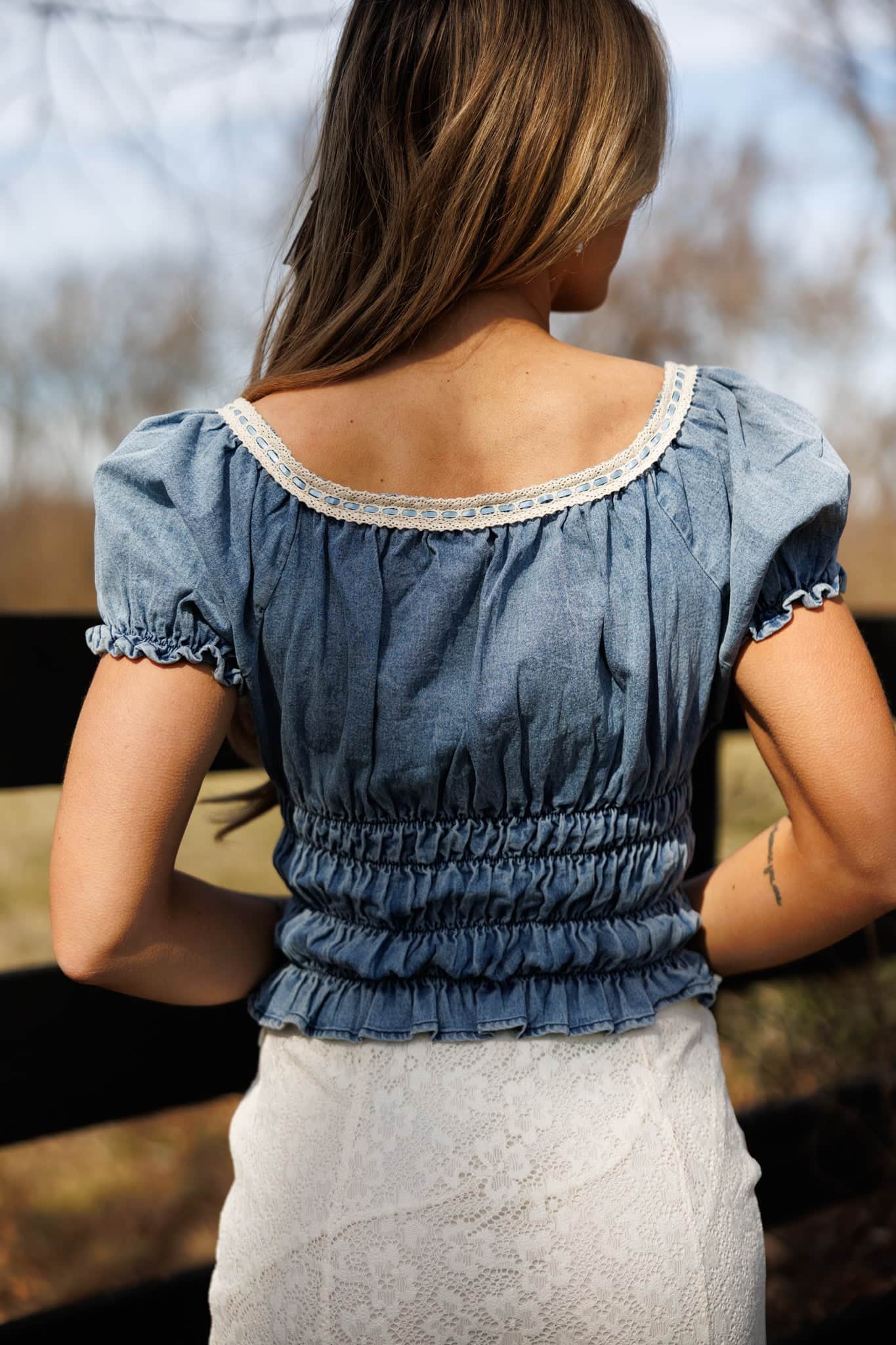 Denim Satin Ribbon Ruched Top - Image 3