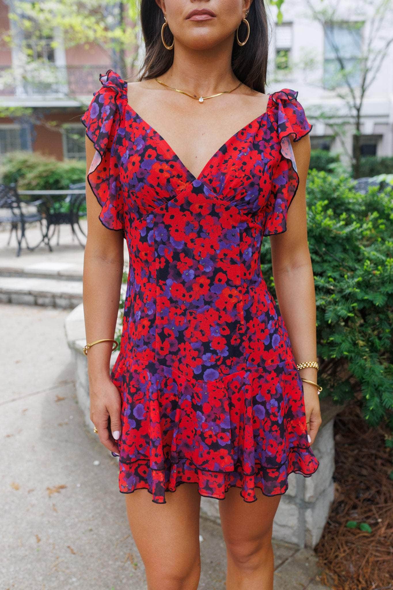 Red Floral Pattern Dress - Image 3