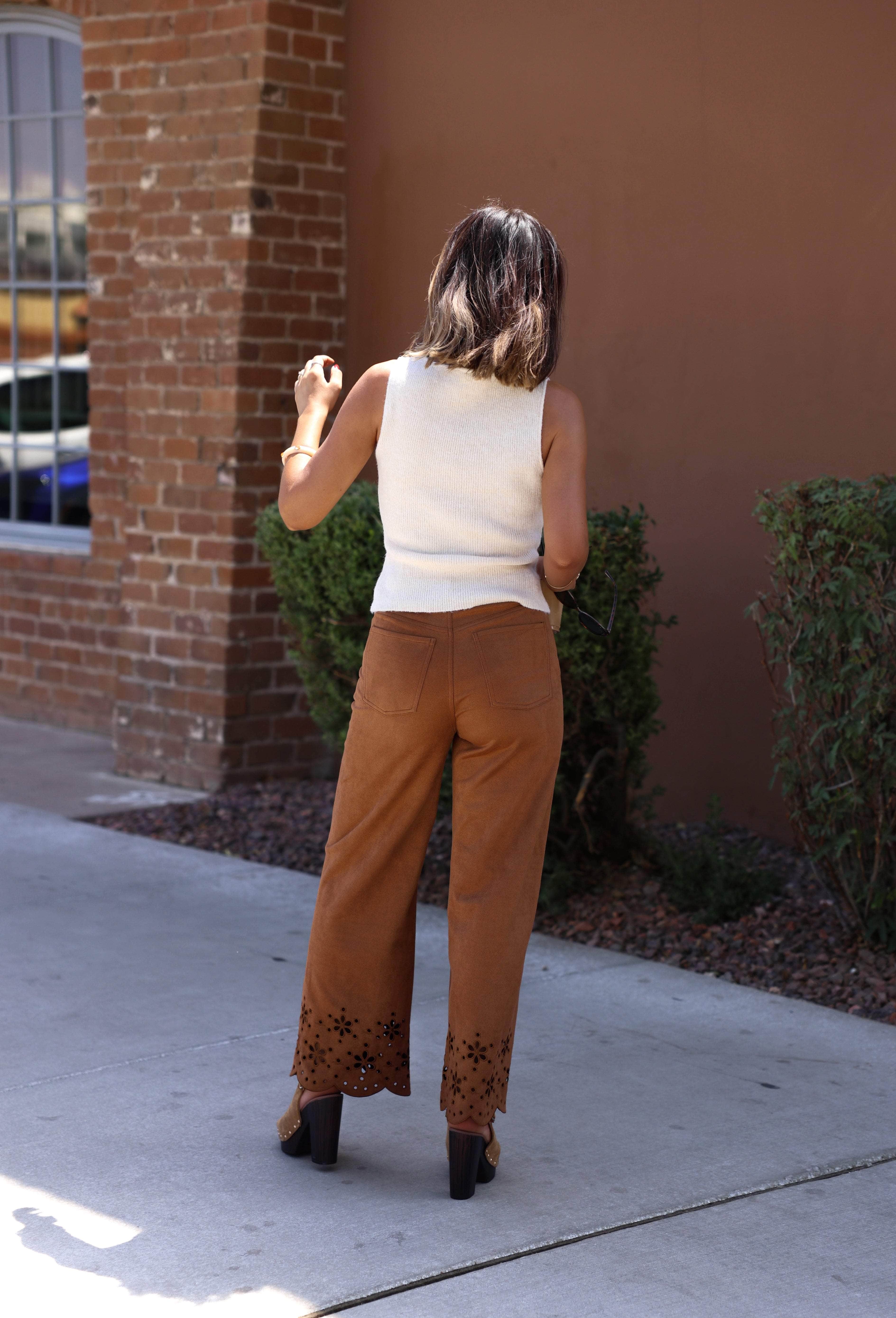Camel Suede Embroidered Cut Out Pants - Image 2
