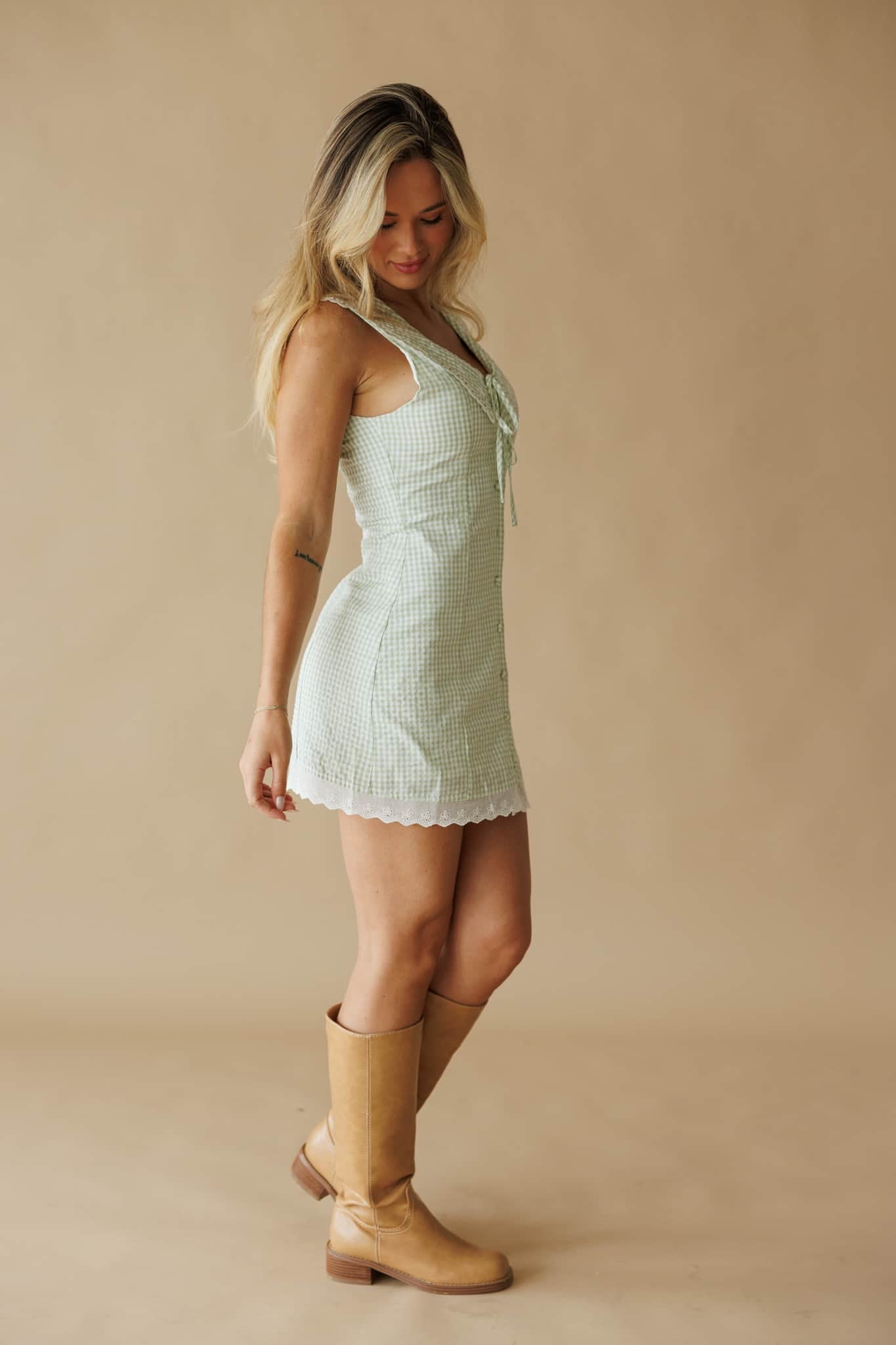 Light Green Gingham Mini Dress - Image 6