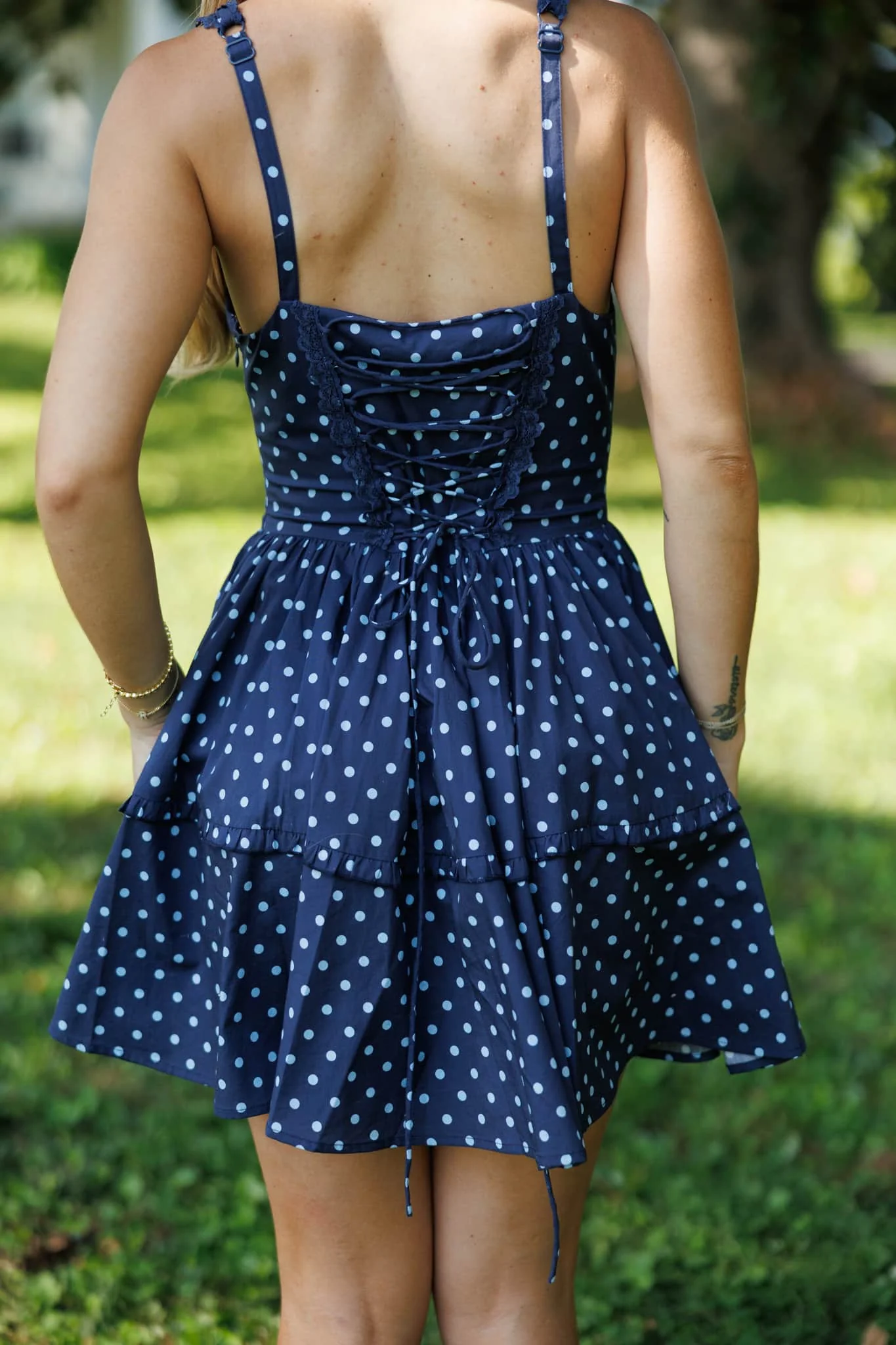 Navy Lace Polkadot Corset Dress - Image 2