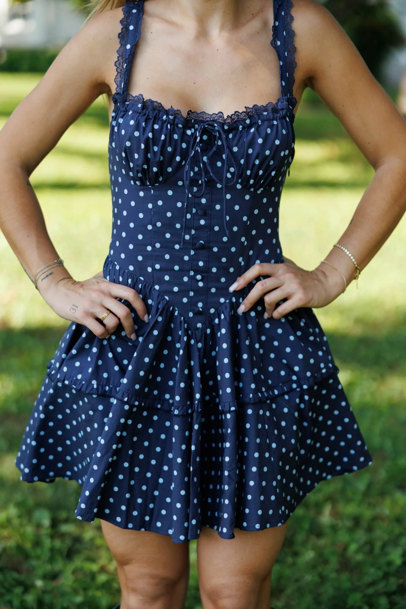 Navy Lace Polkadot Corset Dress - Image 3