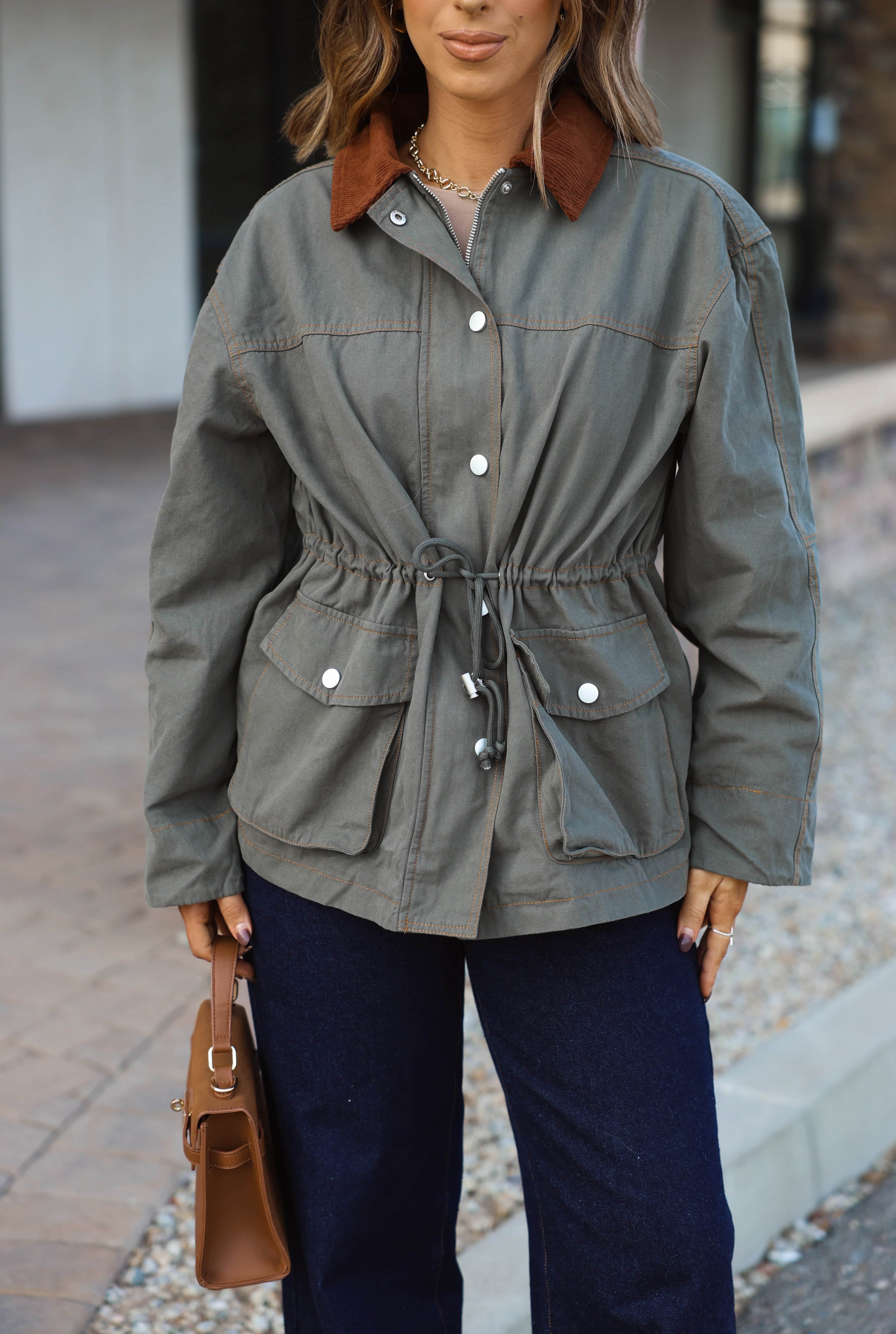Olive Waist Tie Barn Jacket - Image 2