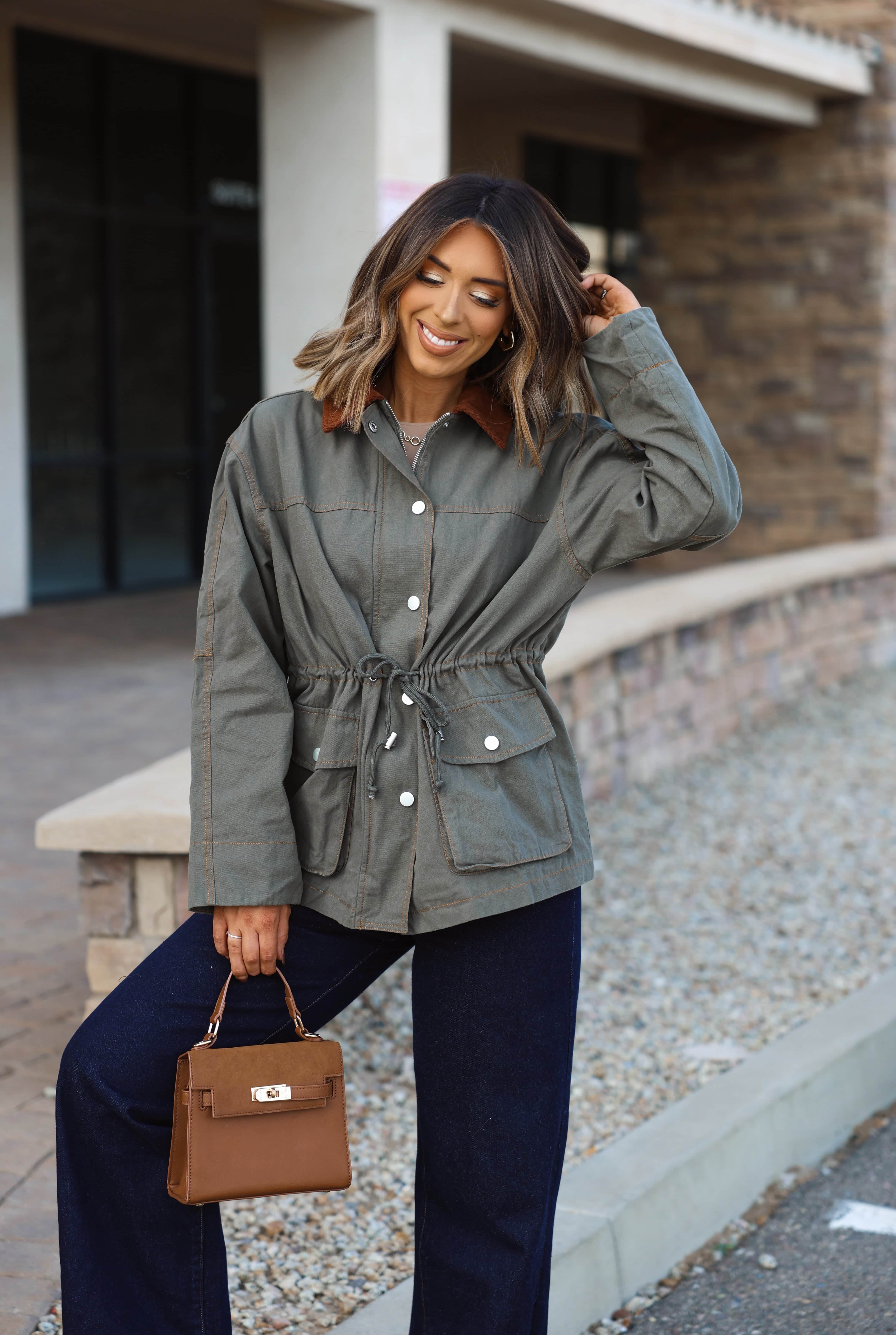 Olive Waist Tie Barn Jacket - Image 4