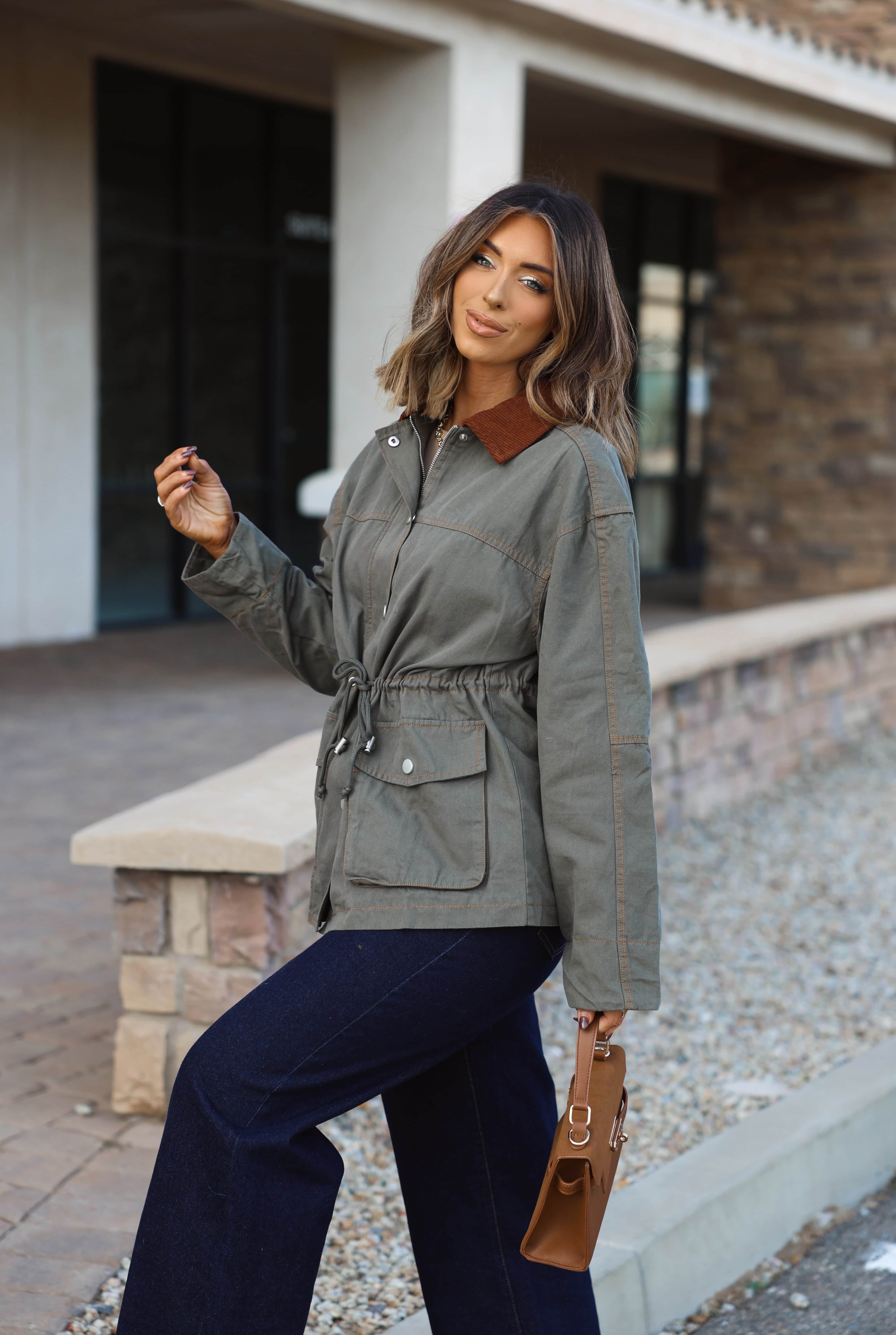 Olive Waist Tie Barn Jacket - Image 5