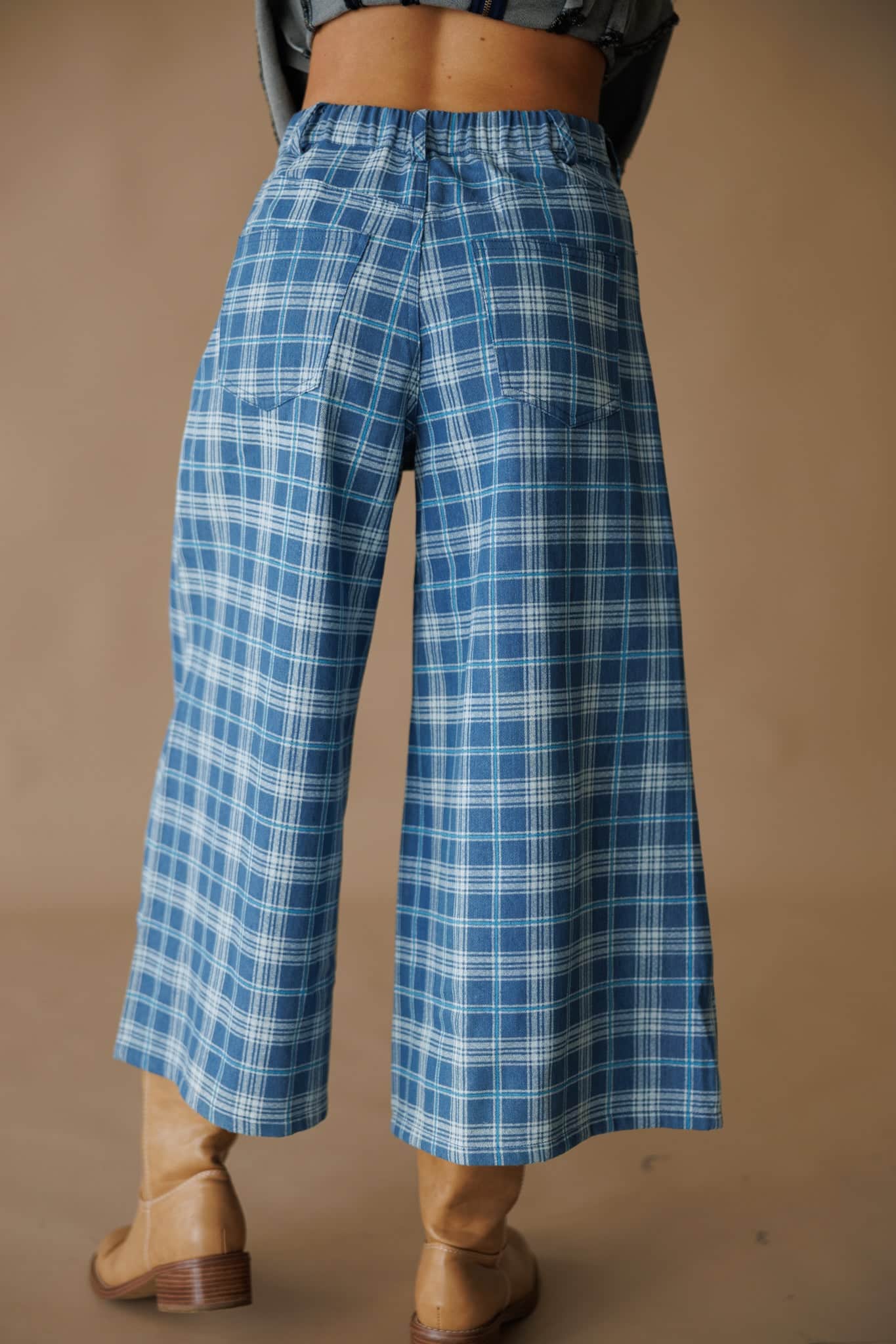 Plaid Denim Cropped Wide Leg Pants - Image 4