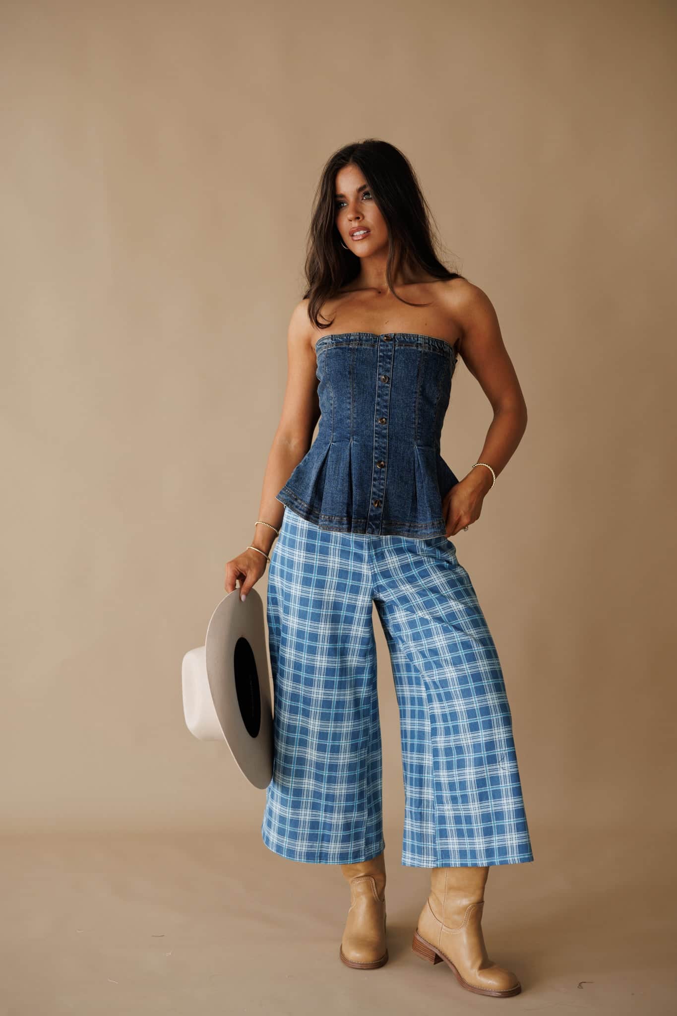 Plaid Denim Cropped Wide Leg Pants - Image 5