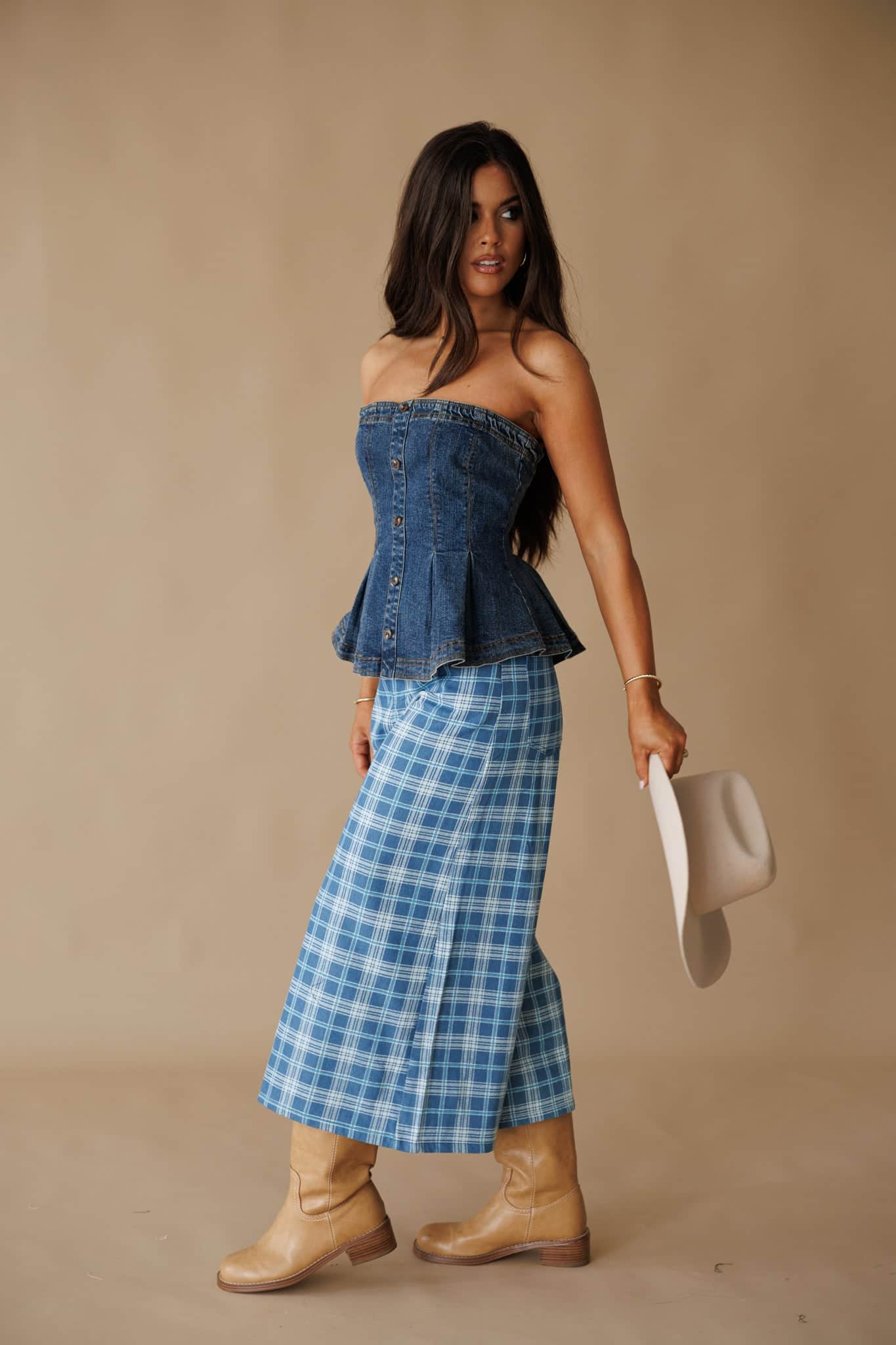 Plaid Denim Cropped Wide Leg Pants - Image 6