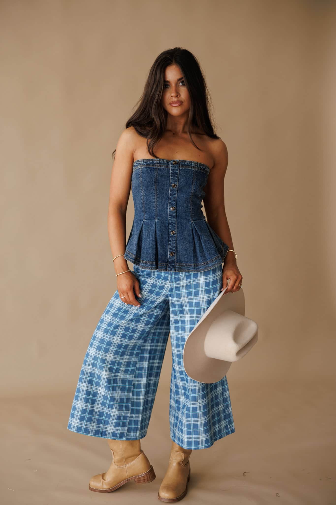 Plaid Denim Cropped Wide Leg Pants - Image 7