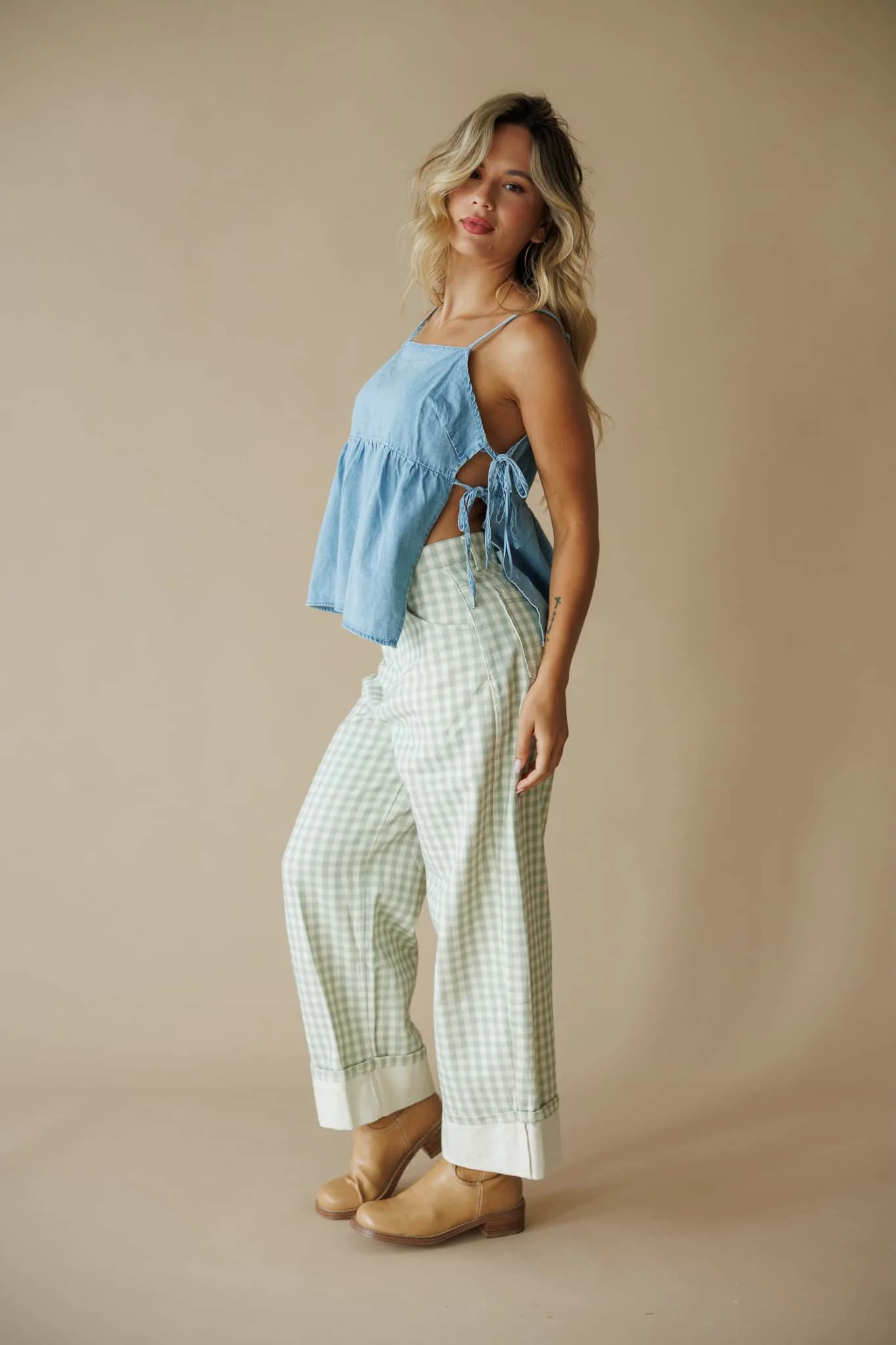 Sage Gingham Cuffed Barrel Pants - Image 2