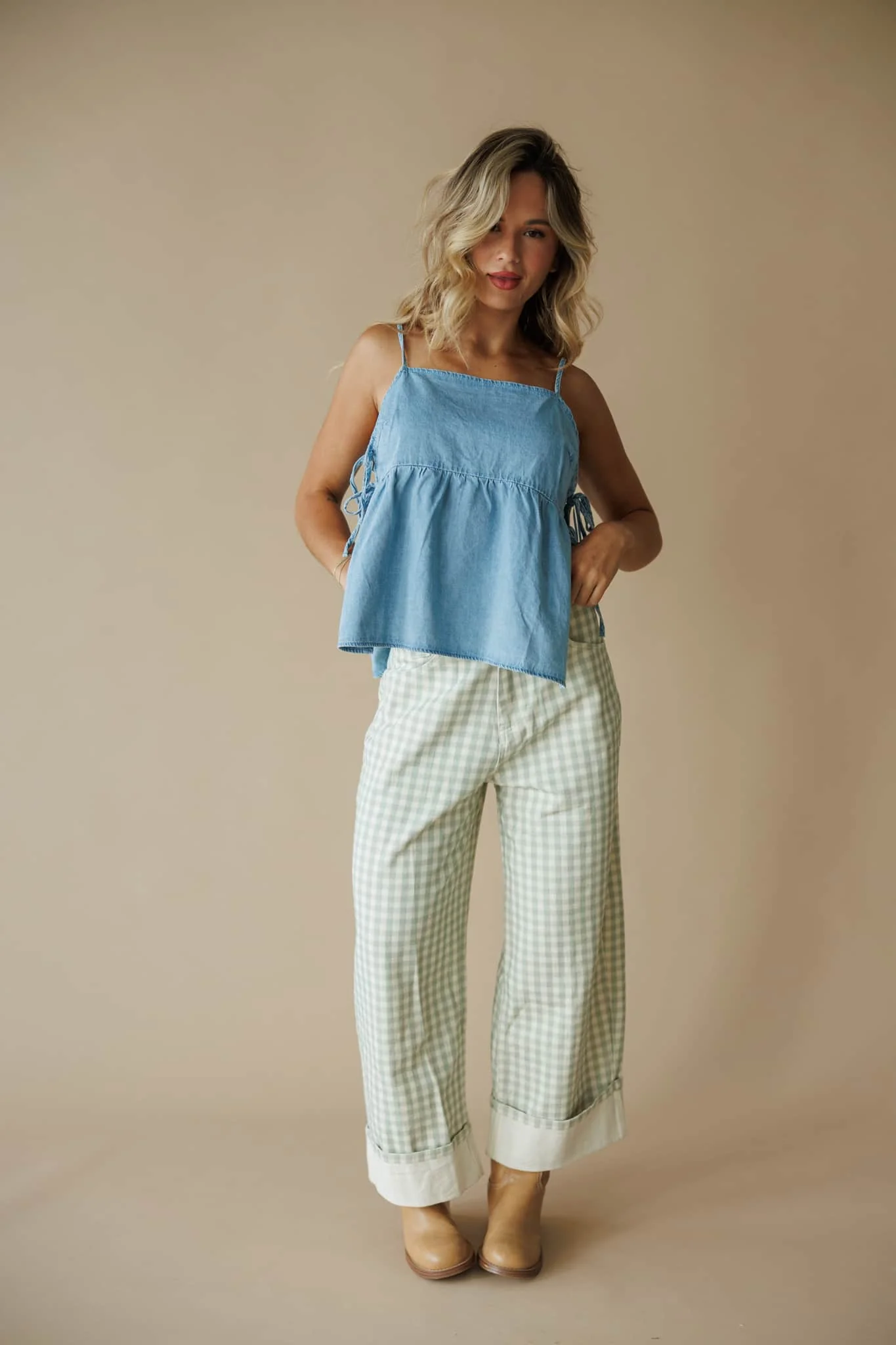 Sage Gingham Cuffed Barrel Pants - Image 3