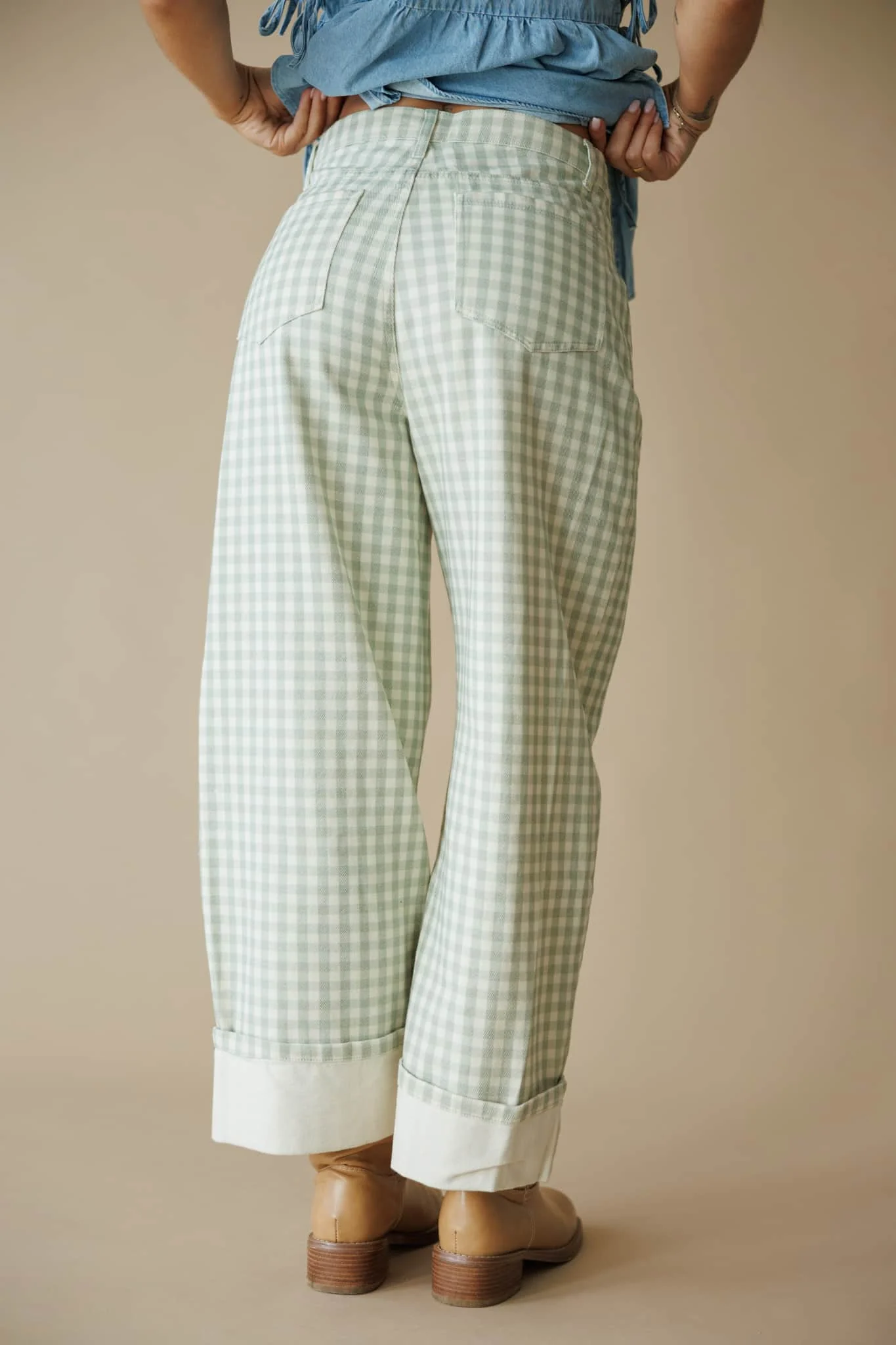 Sage Gingham Cuffed Barrel Pants - Image 4