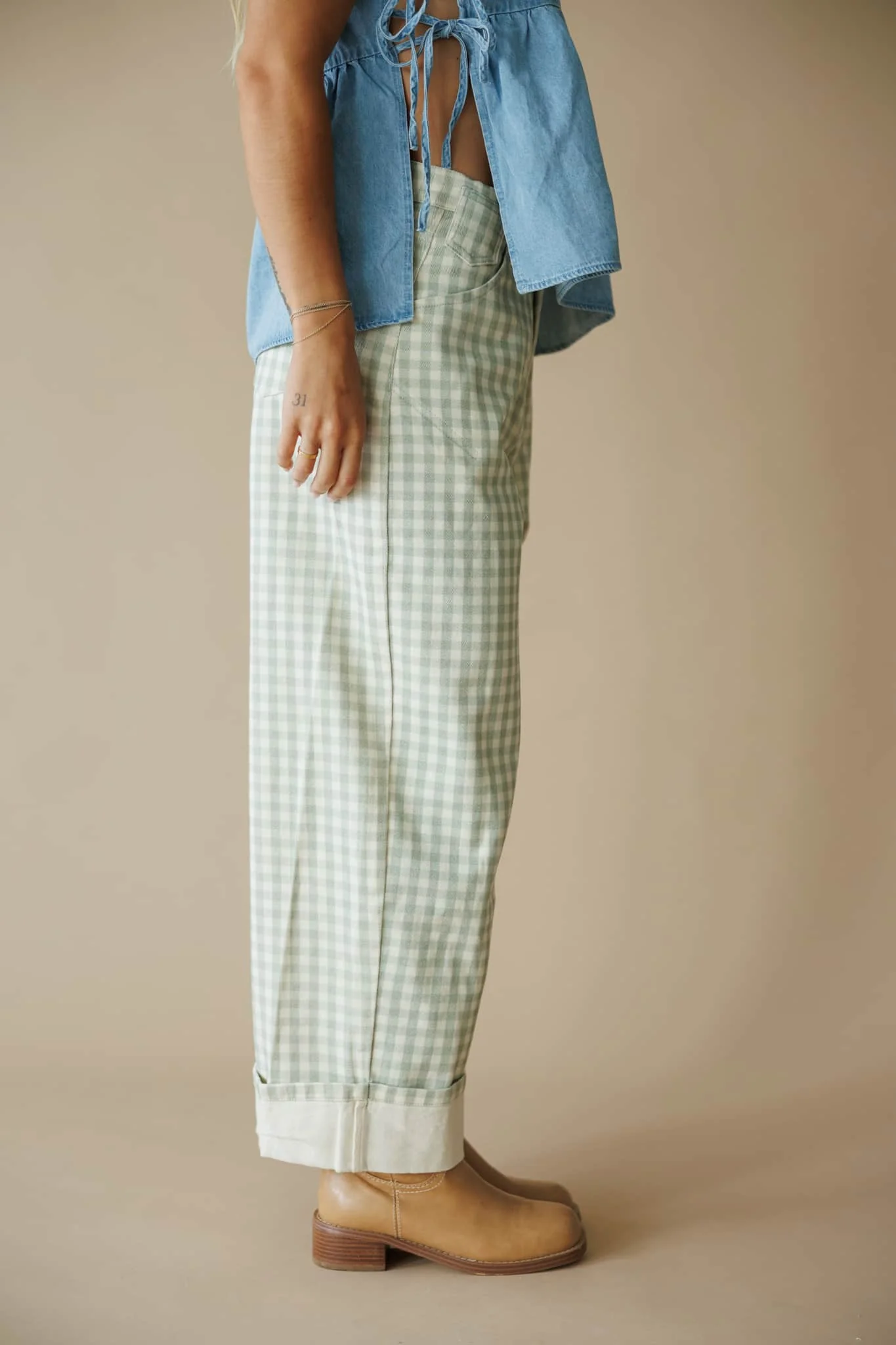 Sage Gingham Cuffed Barrel Pants - Image 5
