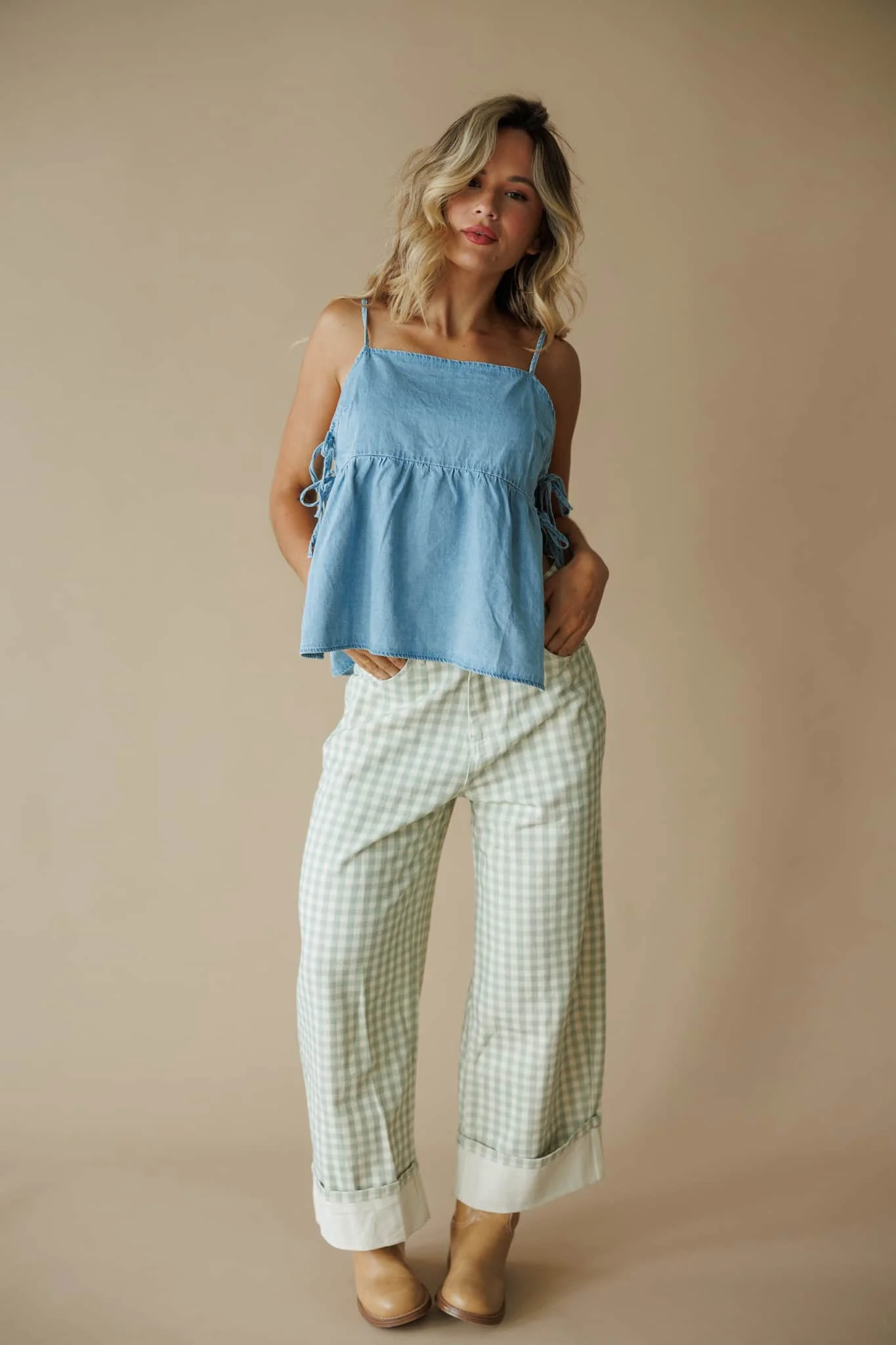 Sage Gingham Cuffed Barrel Pants - Image 6