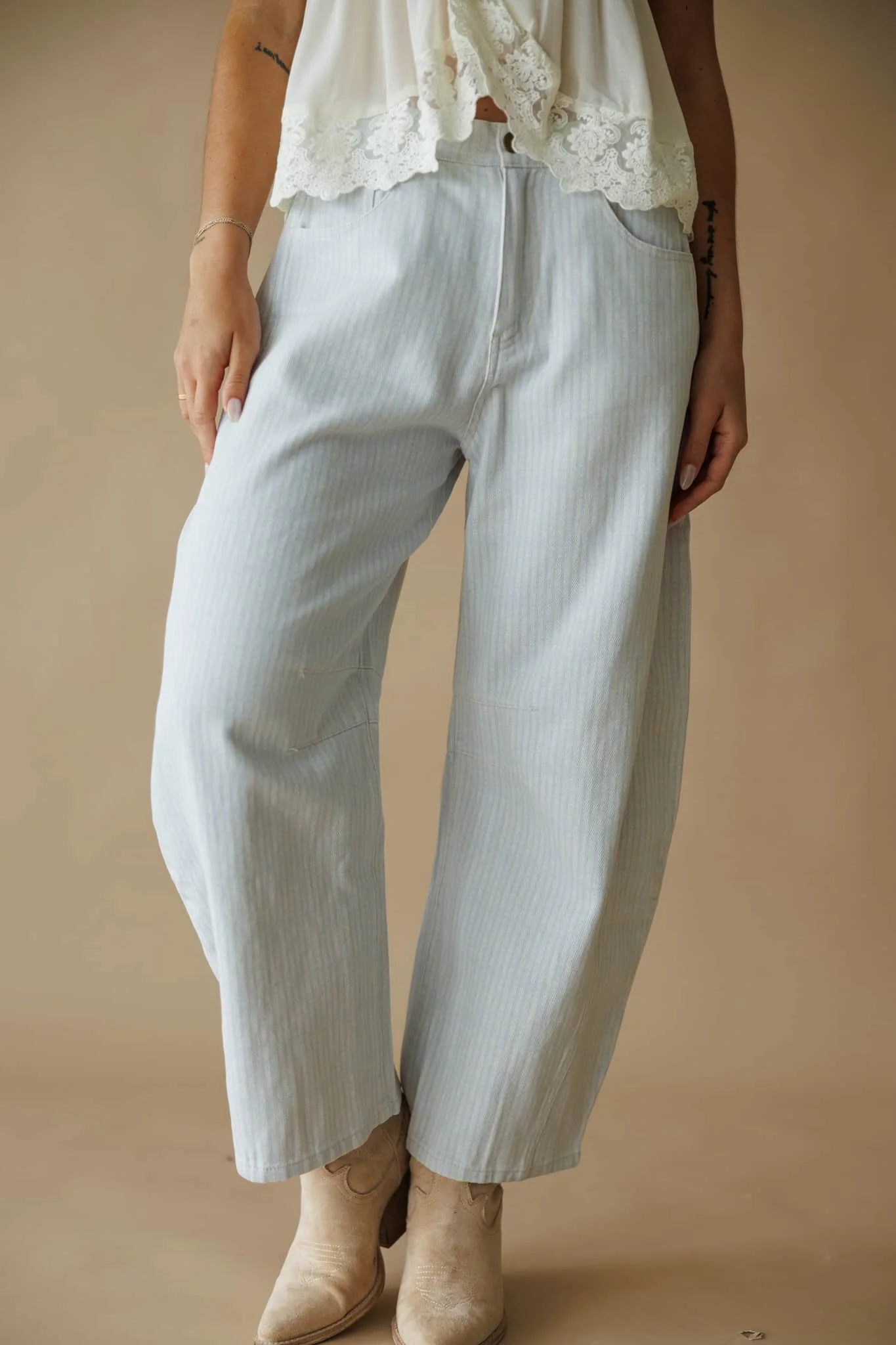 Striped Twill Denim Barrel Pants