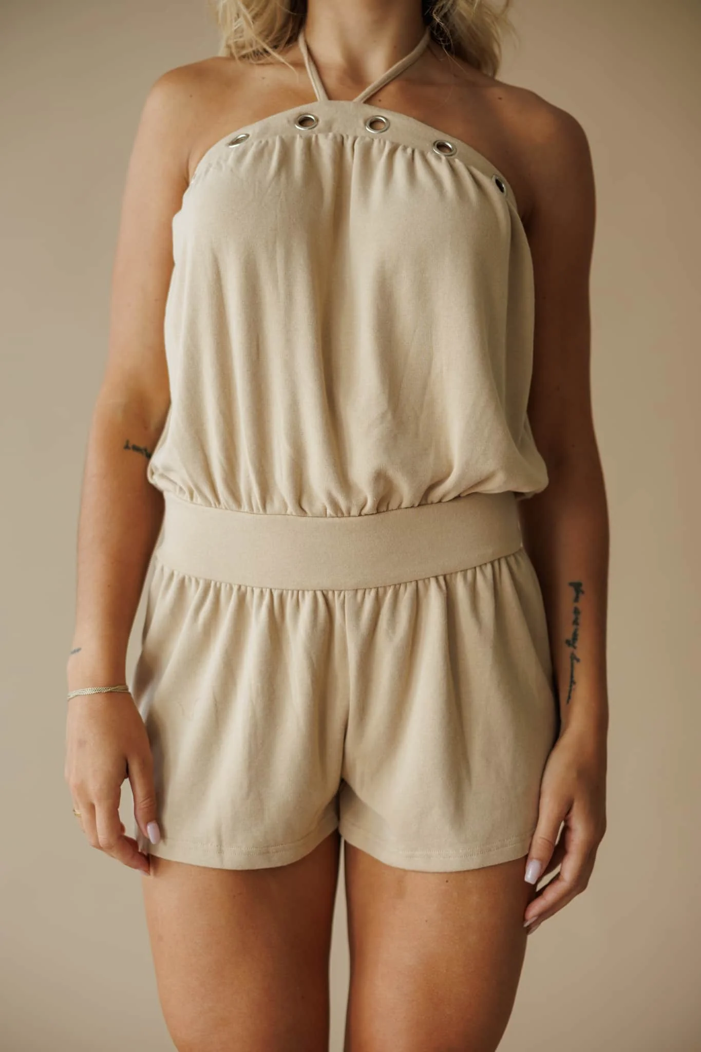 Tan Eyelet Halter Neck Romper - Image 5