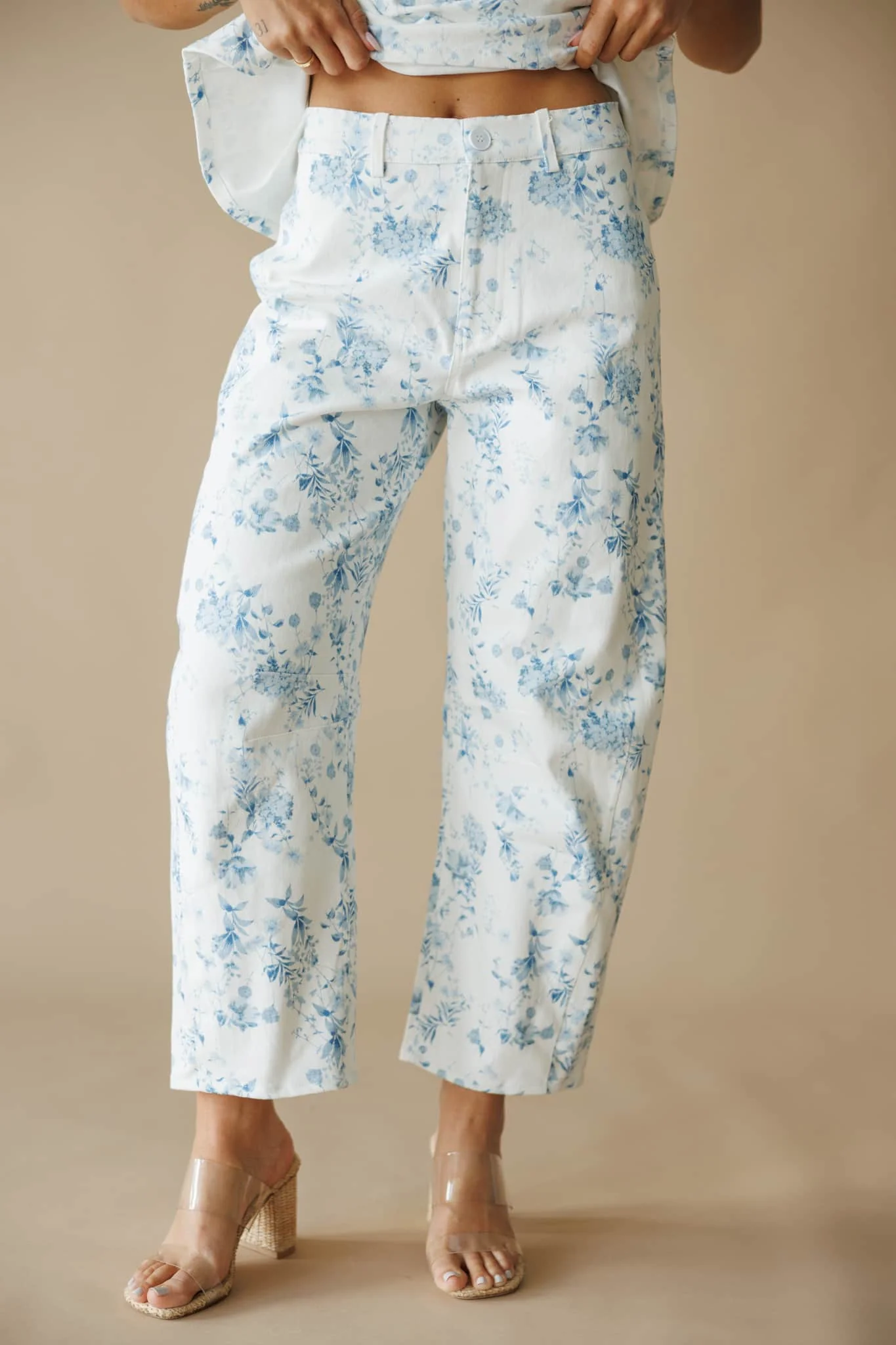 White Floral Barrel Pants