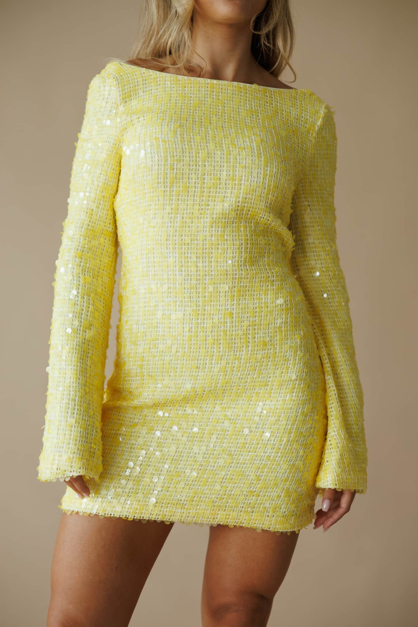 Yellow Sequin Long Sleeve Mini Dress - Image 3