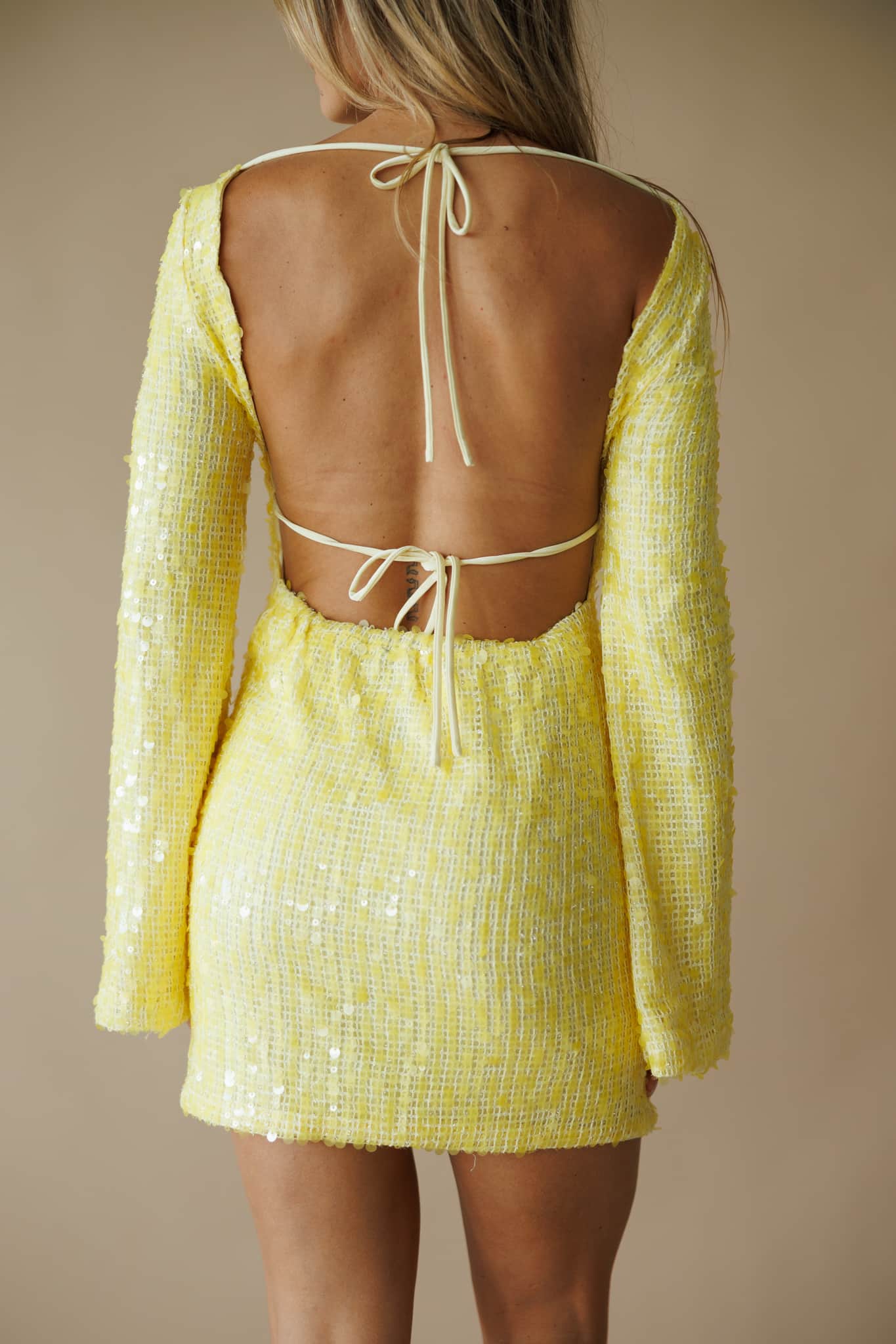 Yellow Sequin Long Sleeve Mini Dress - Image 5